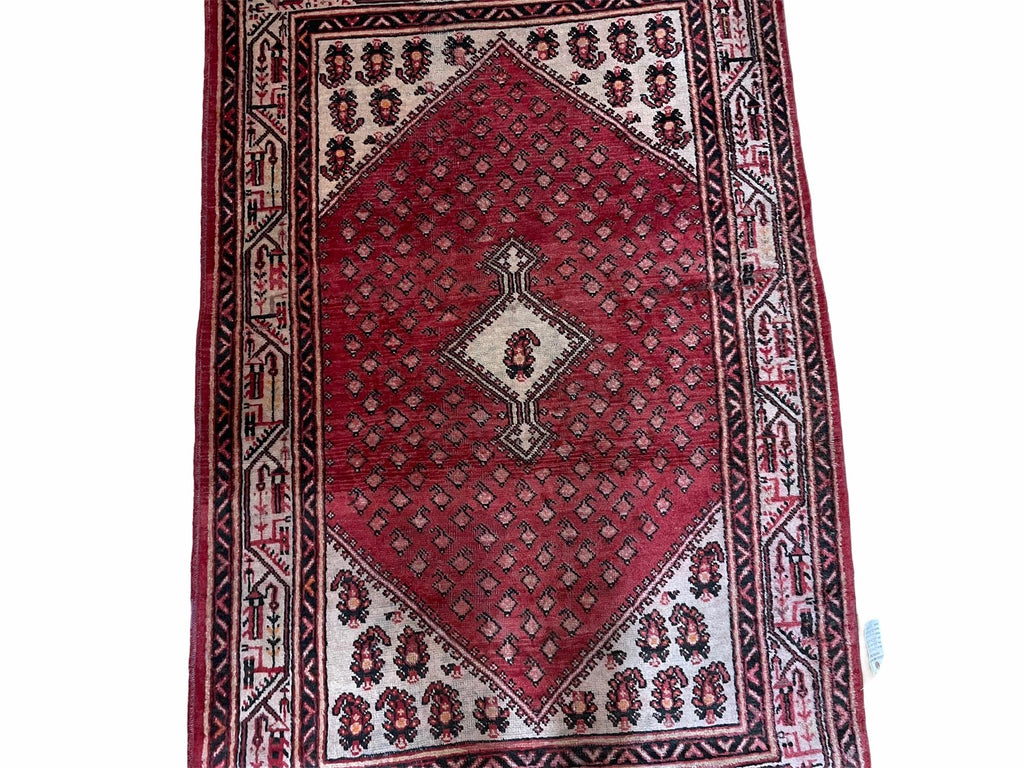 4 X 6.5 Antique Handmade Wool Rug Paisley Boteh Design Tribal Rug Red Ivory