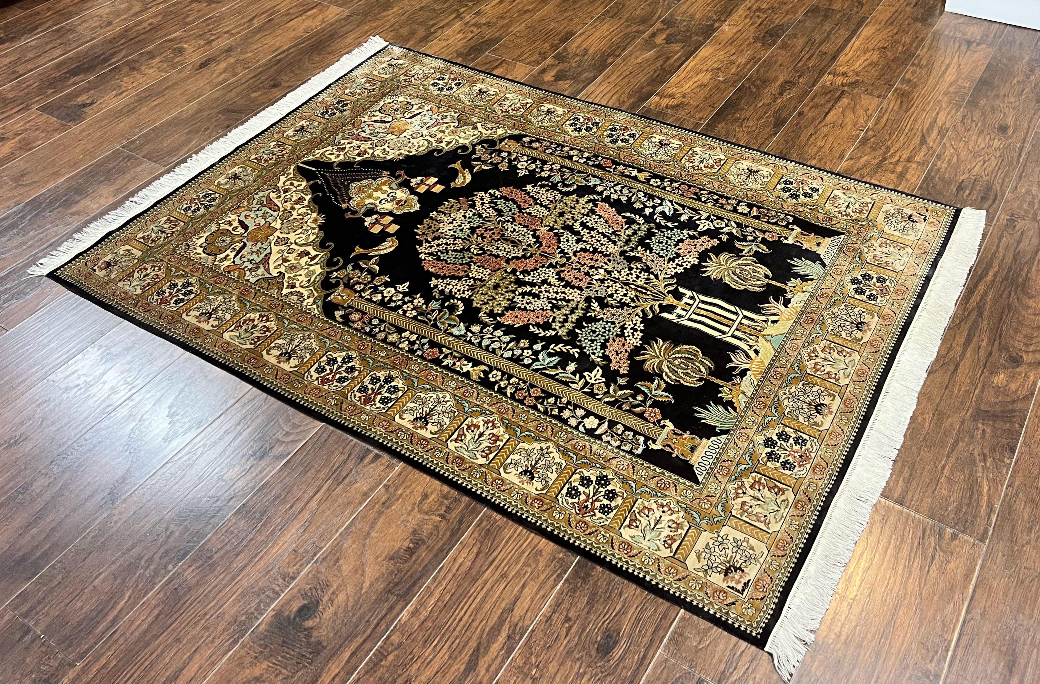 Wonderful Sino Persian Silk Rug 4x6, Tree of LIfe Design, Masterpiece 575 KPSI, Birds, Prayer Rug, Black, Silk on Silk