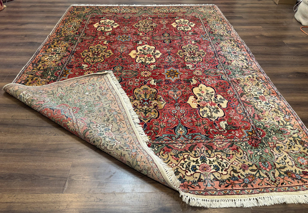 Antique Tabriz Persian Rug 7x10, Red Cream Tan, Unique Design, Fine 270 KPSI, Birds, Floral