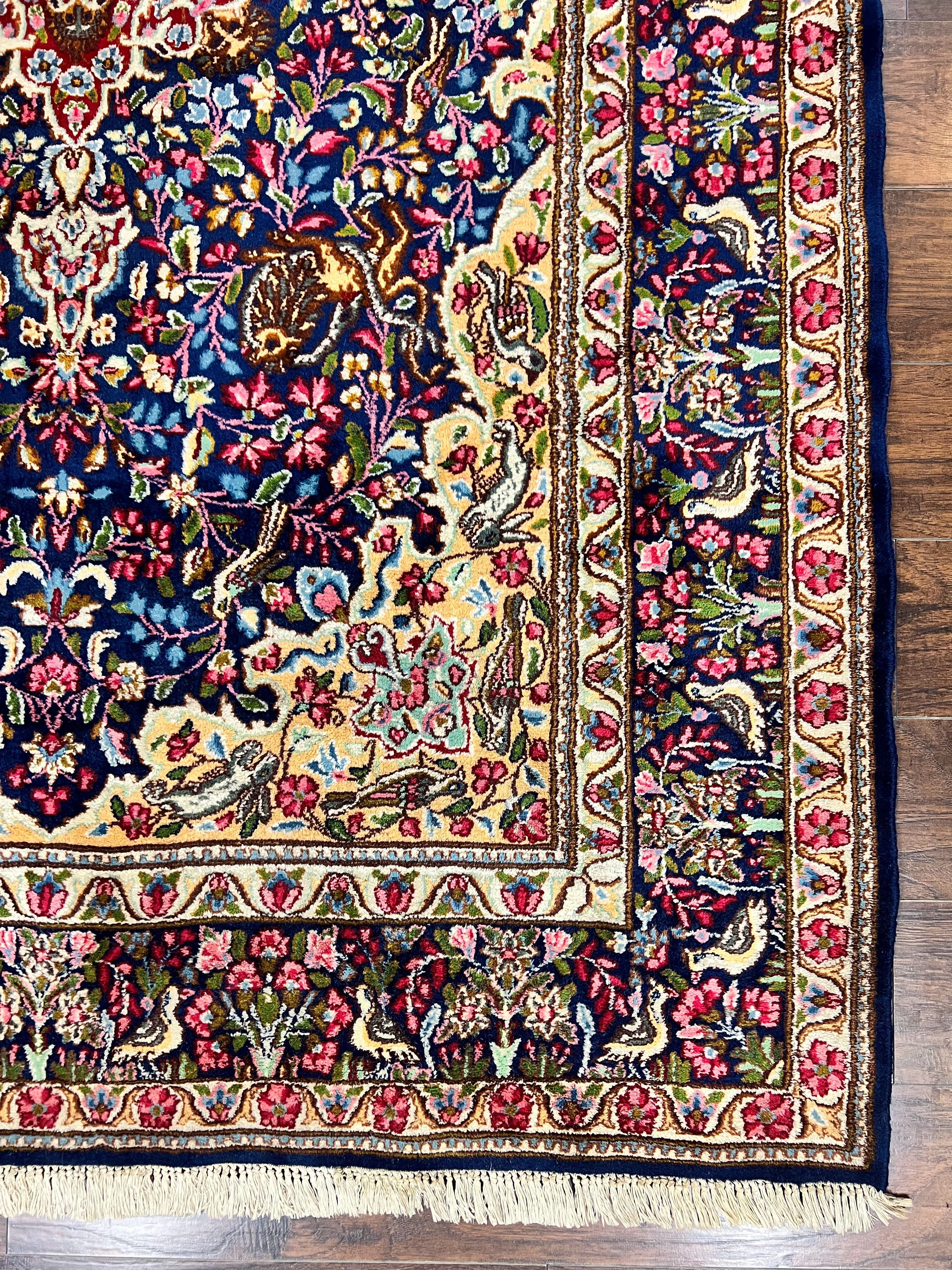 Persian Kirman Rug 6x9, Floral Medallion Vintage Wool Handmade Carpet 6 x 9, Animal Pictorials Birds, Semi Antique, Navy Blue, Millefleur