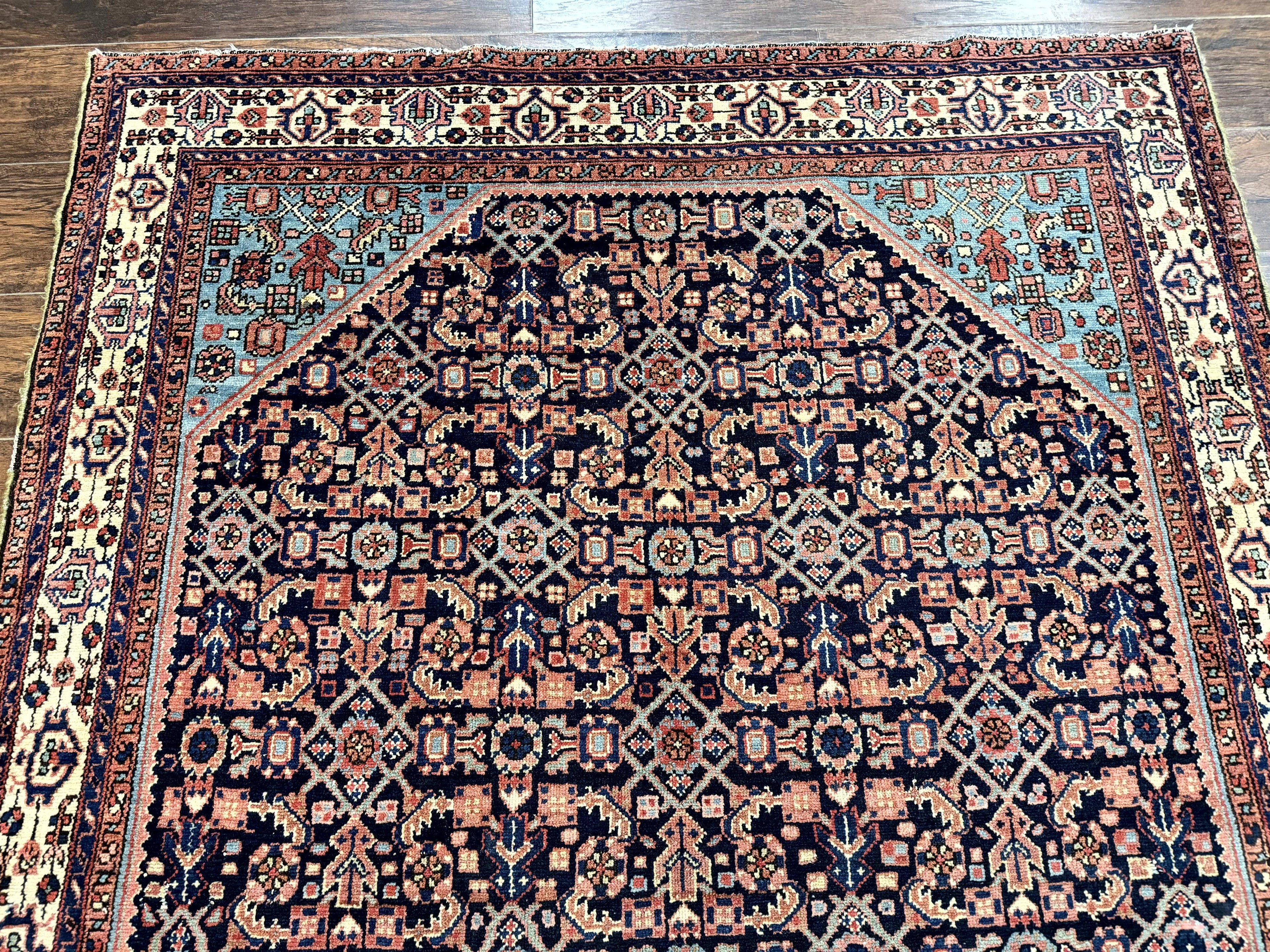 Antique Persian Rug 5 x 6.7, Navy Blue & Ivory, Handmade Persian Wool Carpet, Hamadan Angelas Rug