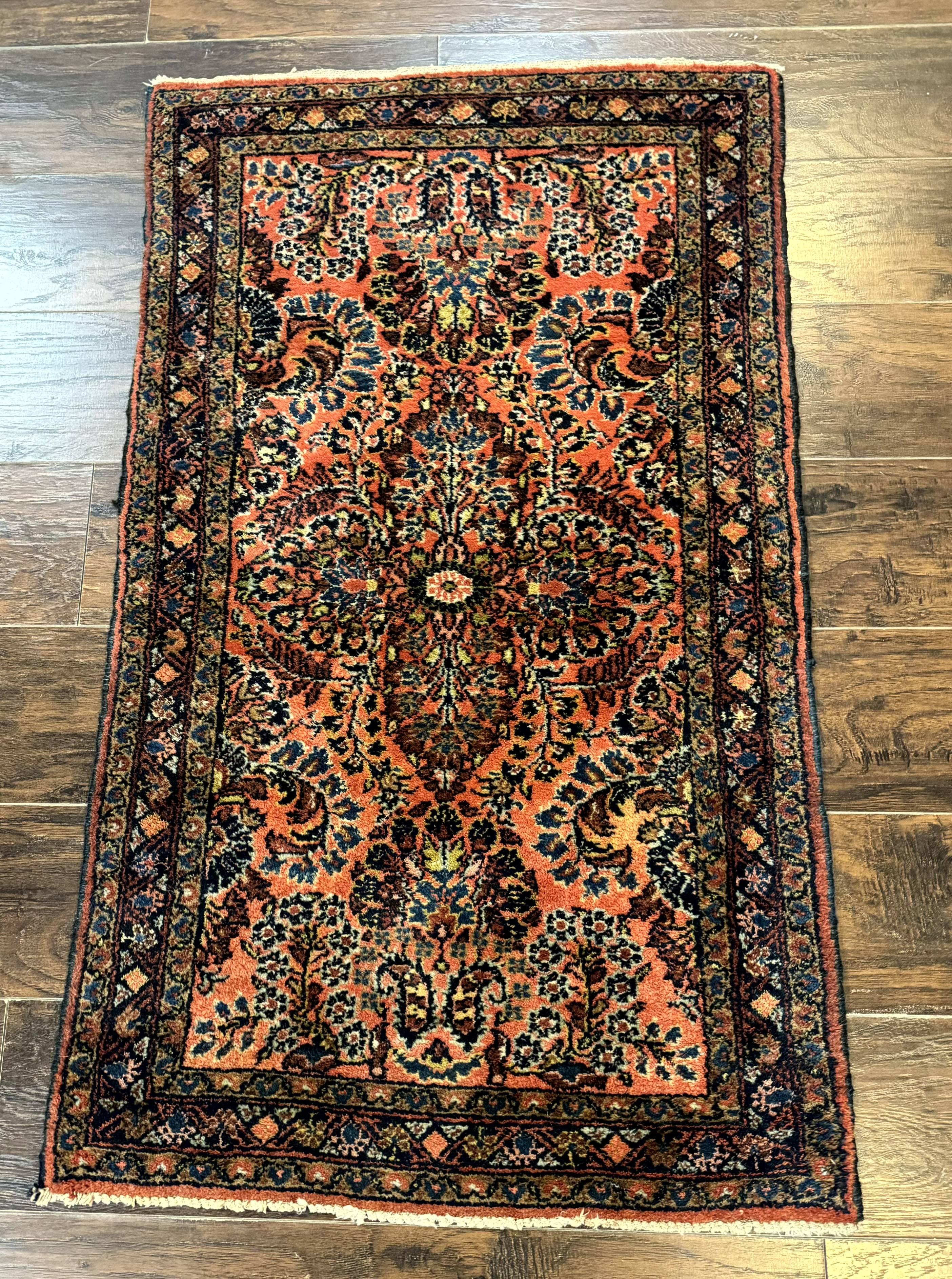 Antique Persian Lilihan Rug 2x4, Red, Floral, Wool, Handmade Lilian Persian Carpet