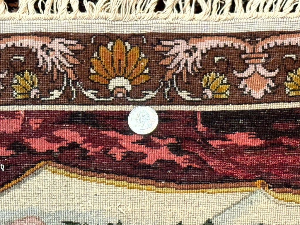 Small Persian Tabriz Pictorial Rug of Young Girl, Very Fine 380 KPSI, Portrait of Young Lady with Roses, Handmade, Persian Rug for Wall Hanging