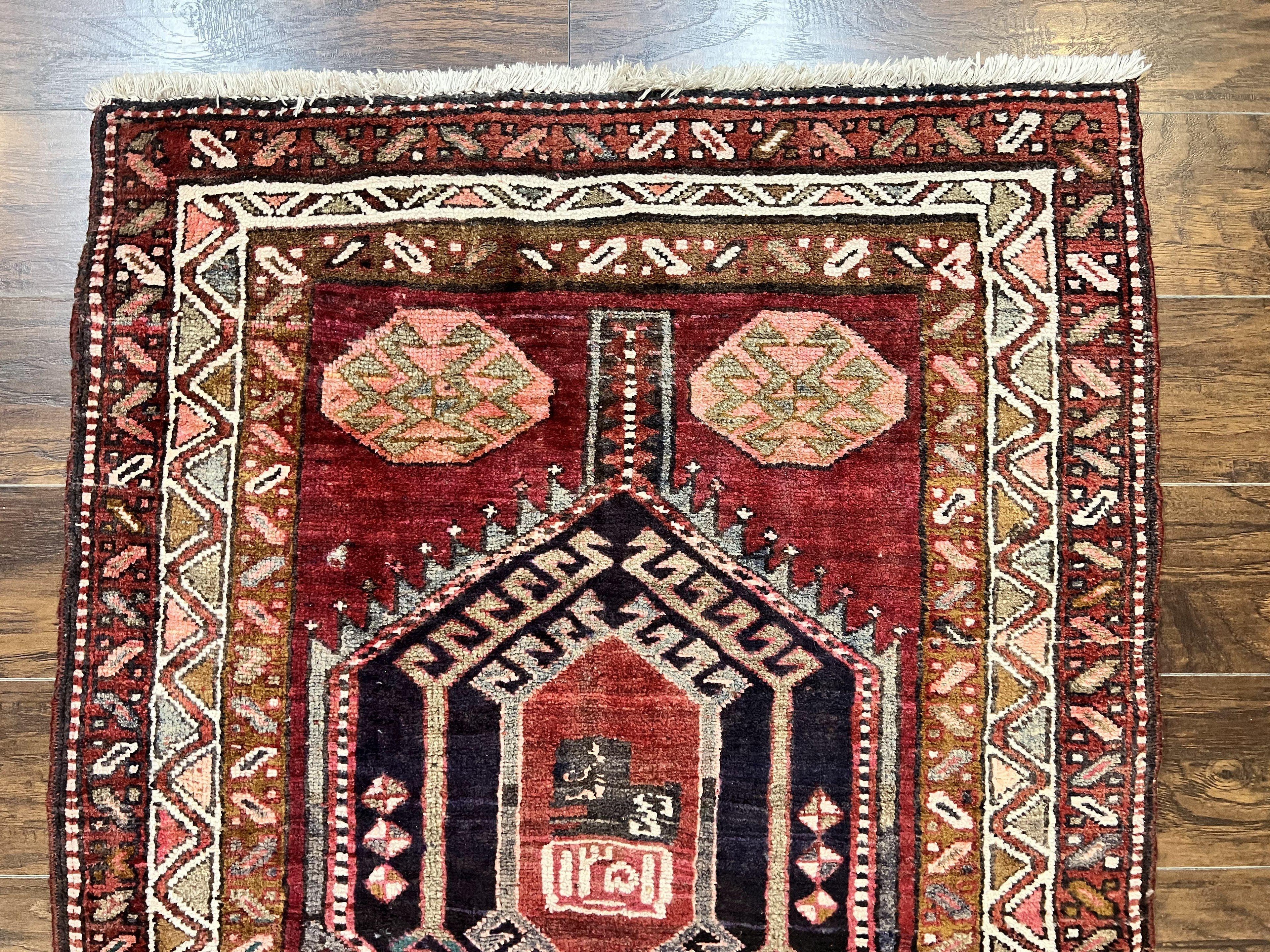 Persian Heriz Runner Rug 3.8 x 8.6, Geometric Design, Large Triple Medallions, Hand Knotted Handmade Vintage Wool Hallway Rug, Red