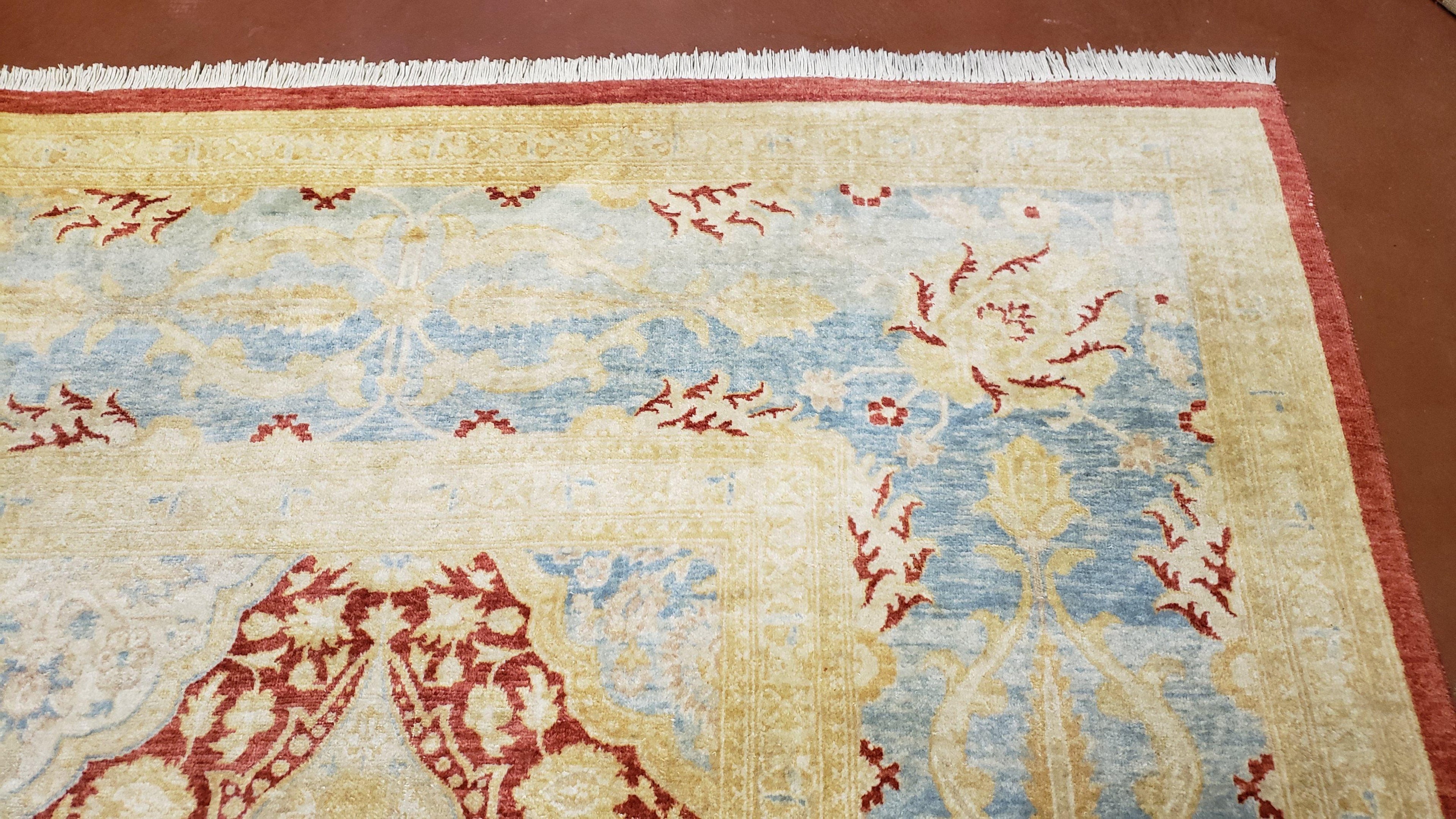 9x12 Peshawar Rug Pakistani Oriental Carpet Sky Blue and Red Wool Vintage Master Bedroom Rug Hand-Knotted Living Room Rug Dining Room Rug