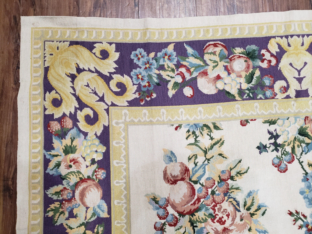 Vintage Chinese Floral Needlepoint Area Rug 6x9, Wool Hand-Woven Handmade Flatweave Rug, Ivory & Purple, Fruits Grapes Apples, Dining Room