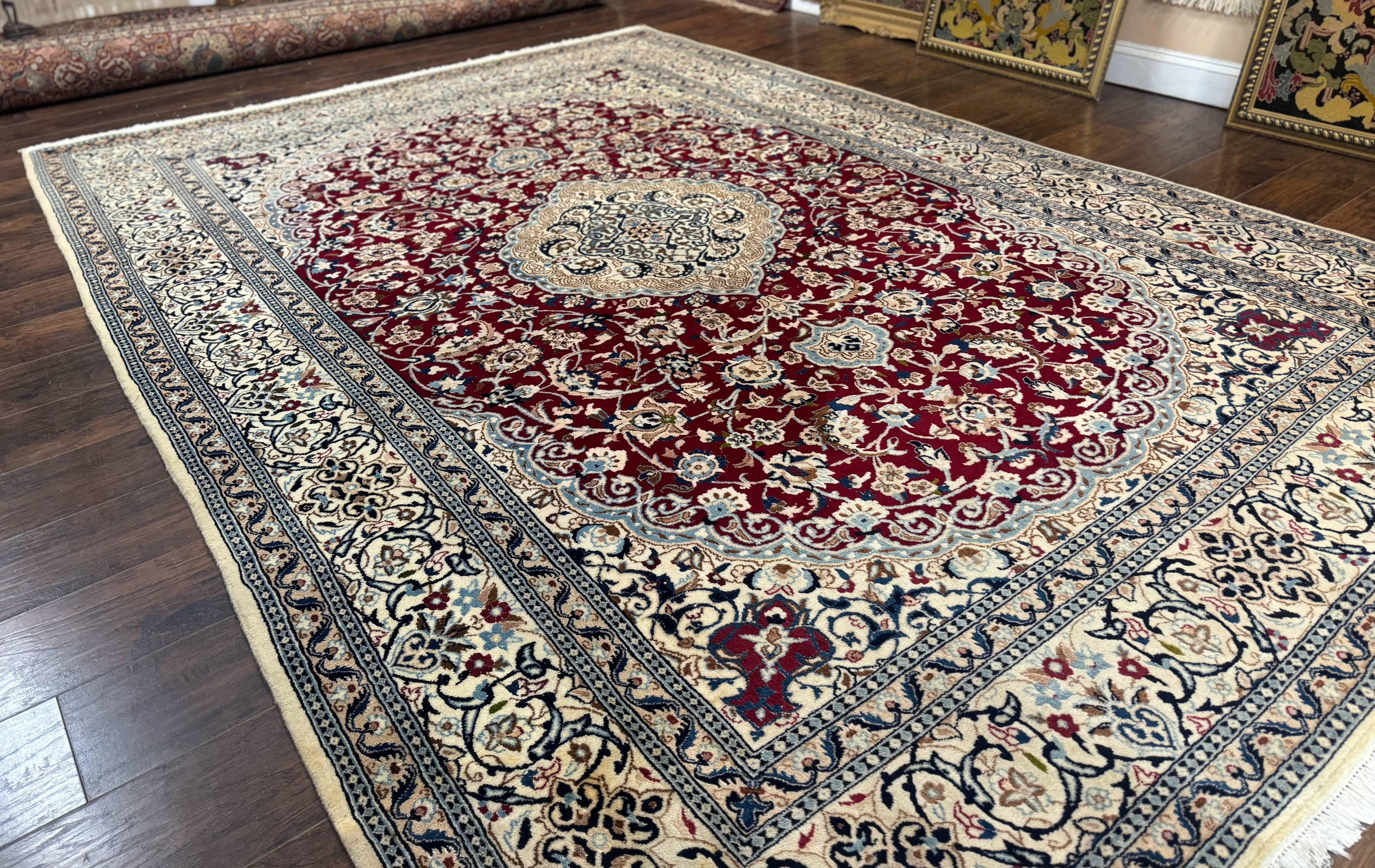 Persian Nain Rug 8x11, Wool and Silk Highlights, Burgundy & Ivory