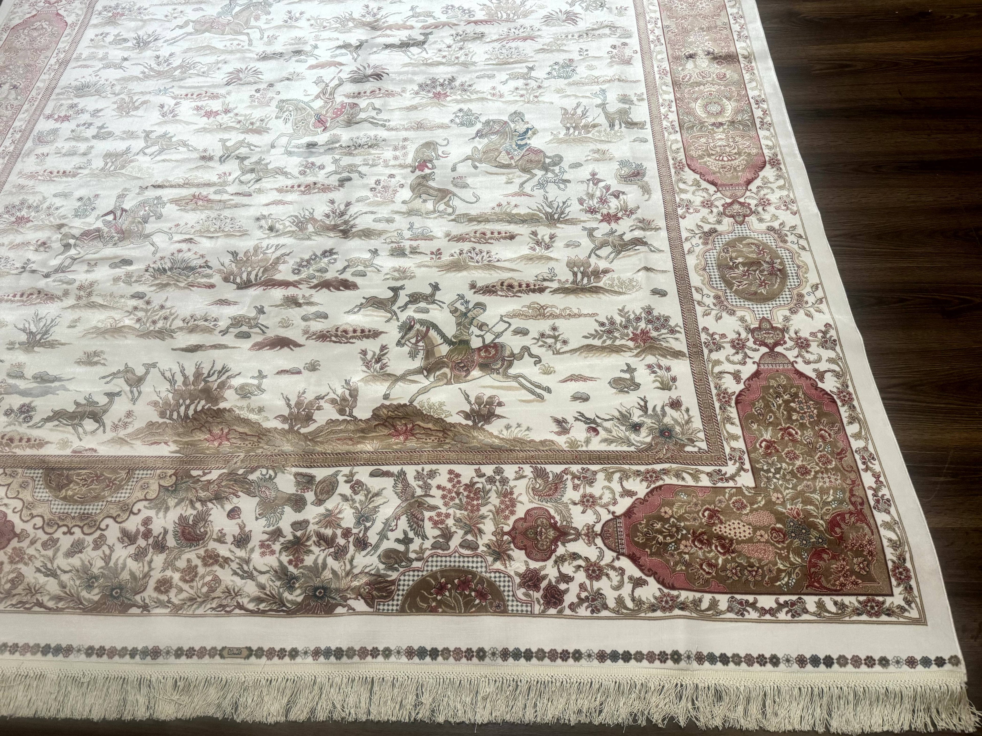 Large Turkish Silk Rug 8x10, Ivory, Hunting Design, Bamboo Silk, New
