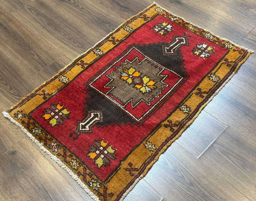 Turkish Yastik Rug 2x3, Geometric Medallion, Small Turkish Wool Rug, Red