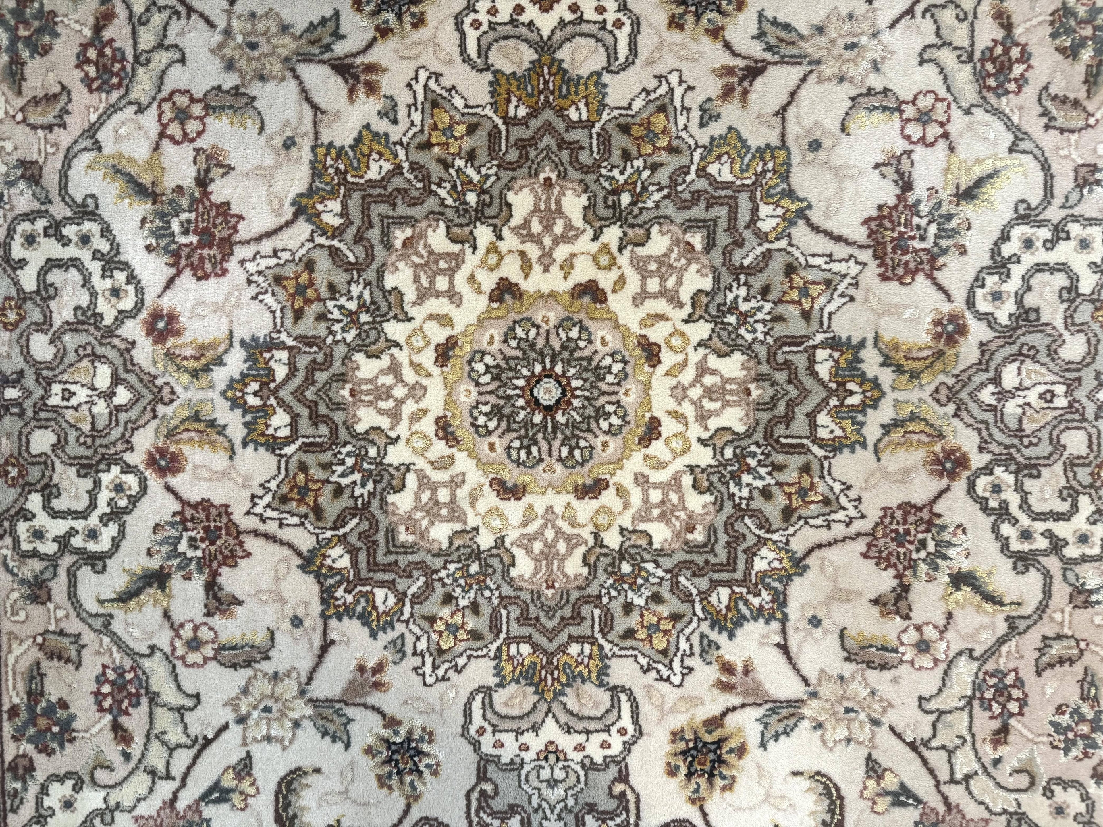 Pak Persian Rug 4x6, Floral Medallion, Beige, Wool and Silk Highlights, Vintage Handmade Rug