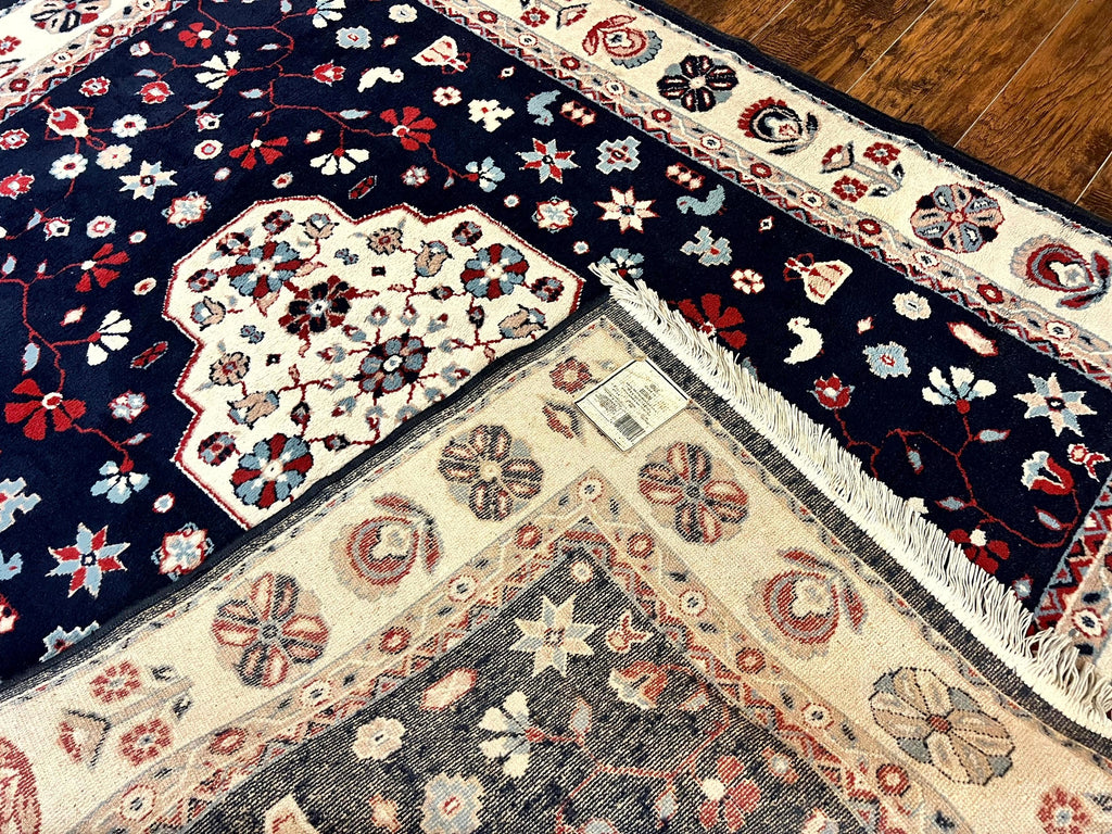 Belgium Power Loomed Rug 5.6 x 7, Navy Blue and Ivory, Heriz Pattern, Vintage Oriental Carpet