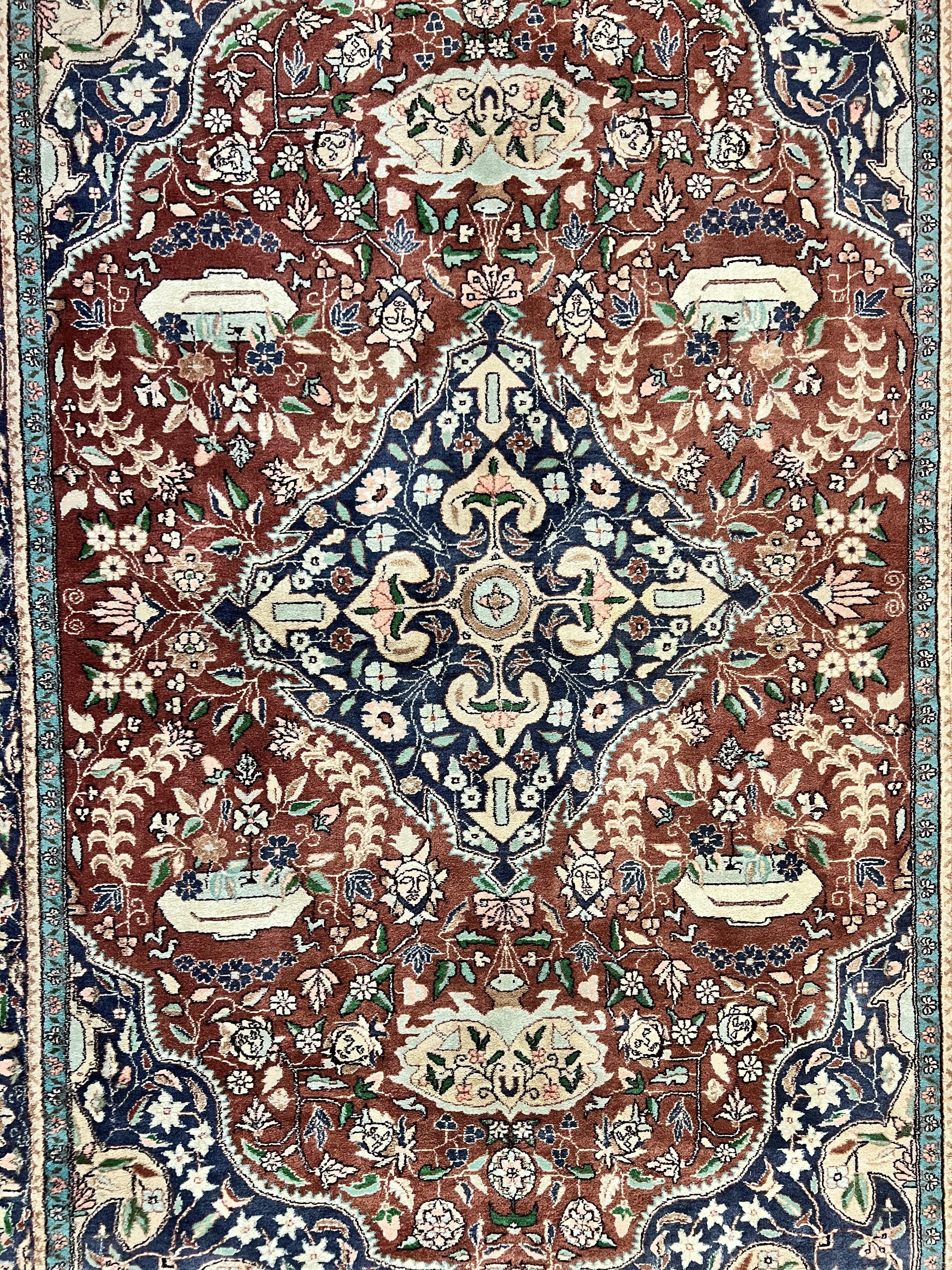 Pak Persian Rug 5x7, Wool Hand Knotted Vintage Carpet, Floral Medallion Rug, Brick Red & Navy Blue, Fine Weave, Medium Sized Rug