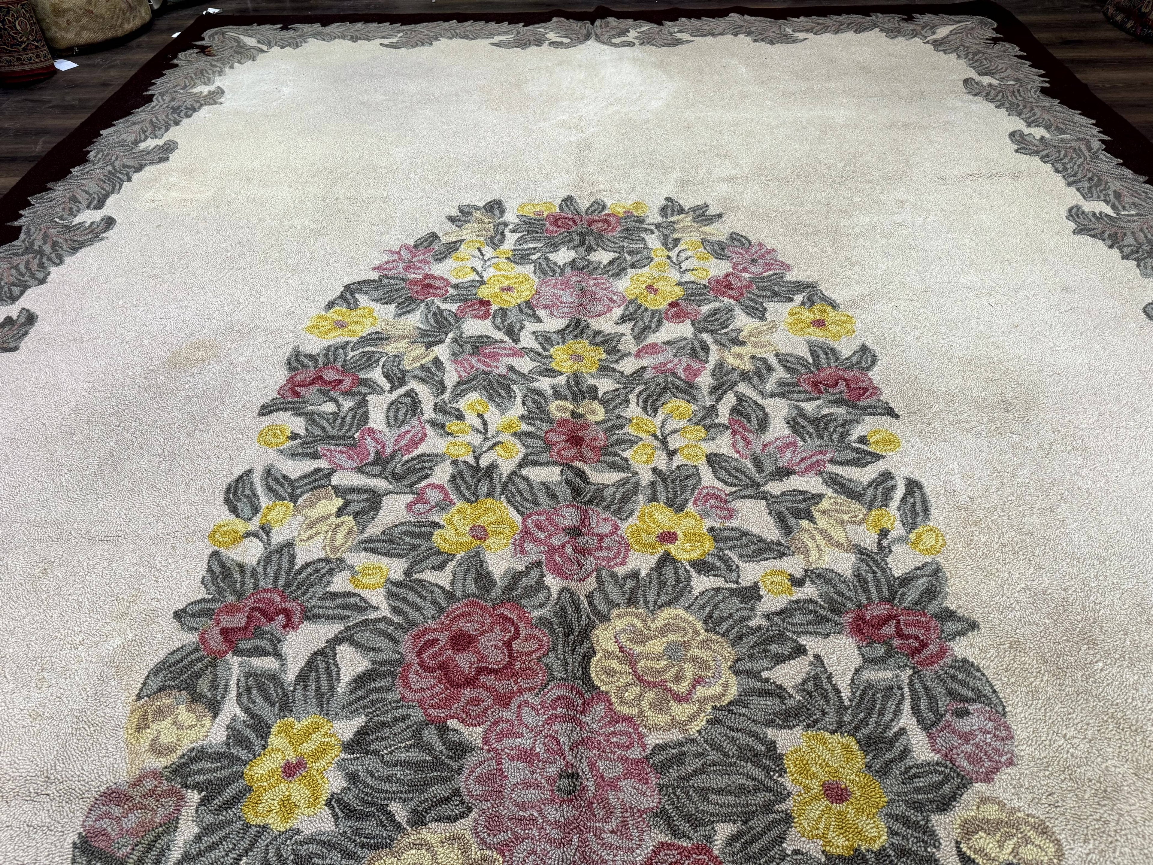 Palace Size American Hooked Rug 11x20 Aubusson Style Ivory