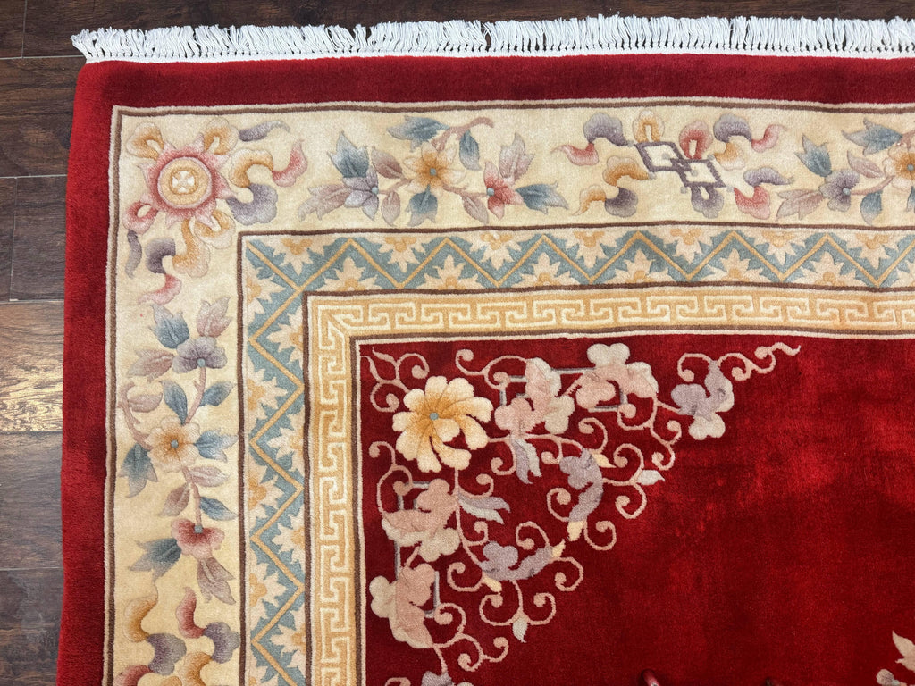 Chinese Wool Rug 8.6 x 11, Red and Beige Asian Oriental Carpet, Plush Pile, Vintage Handmade Chinese Carving Sculpted Rug, Semi Open Field