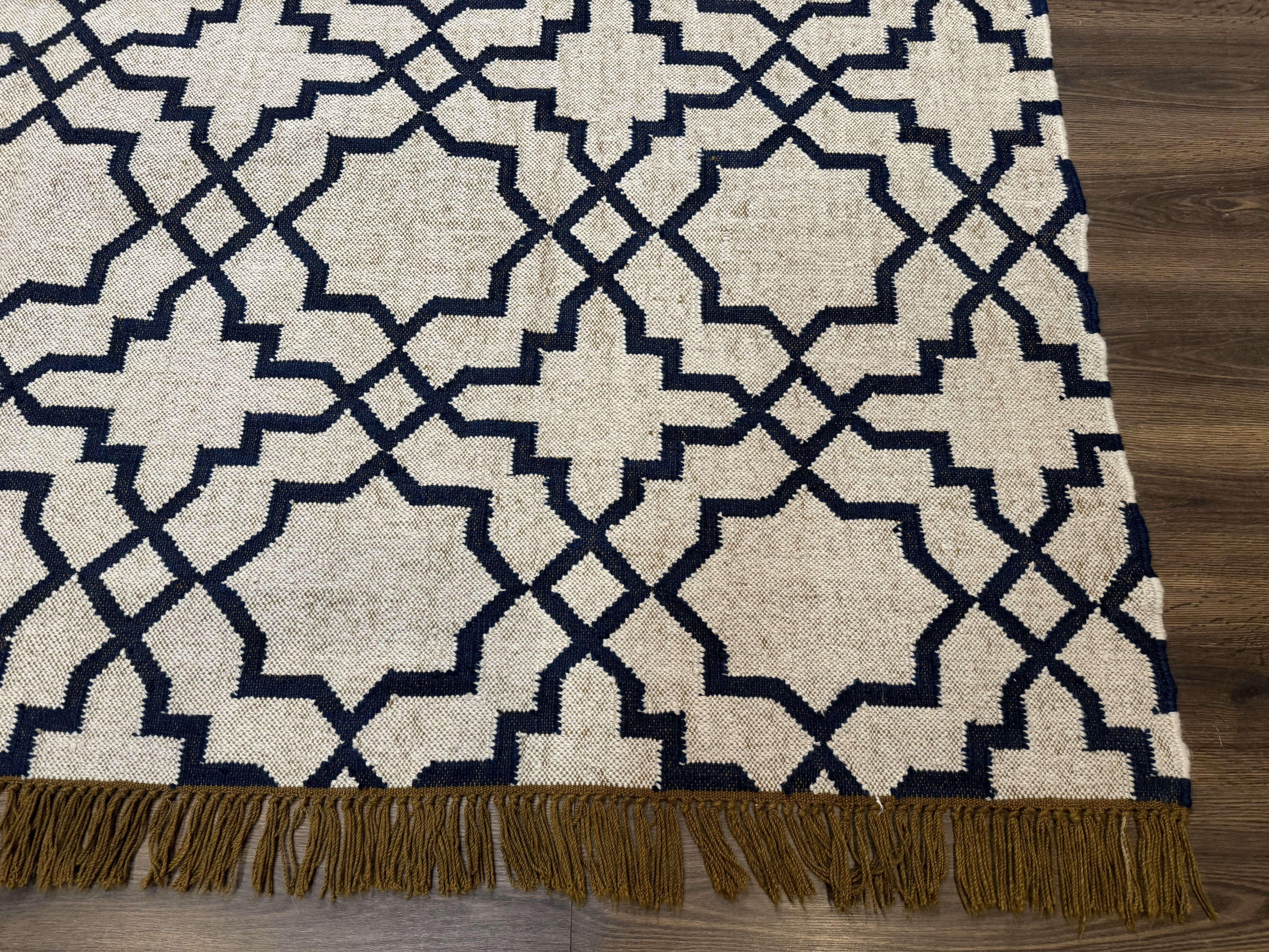 Indian Kilim Rug 8x10, Oat and Navy Blue, Dhurrie Carpet, Handmade, Wool