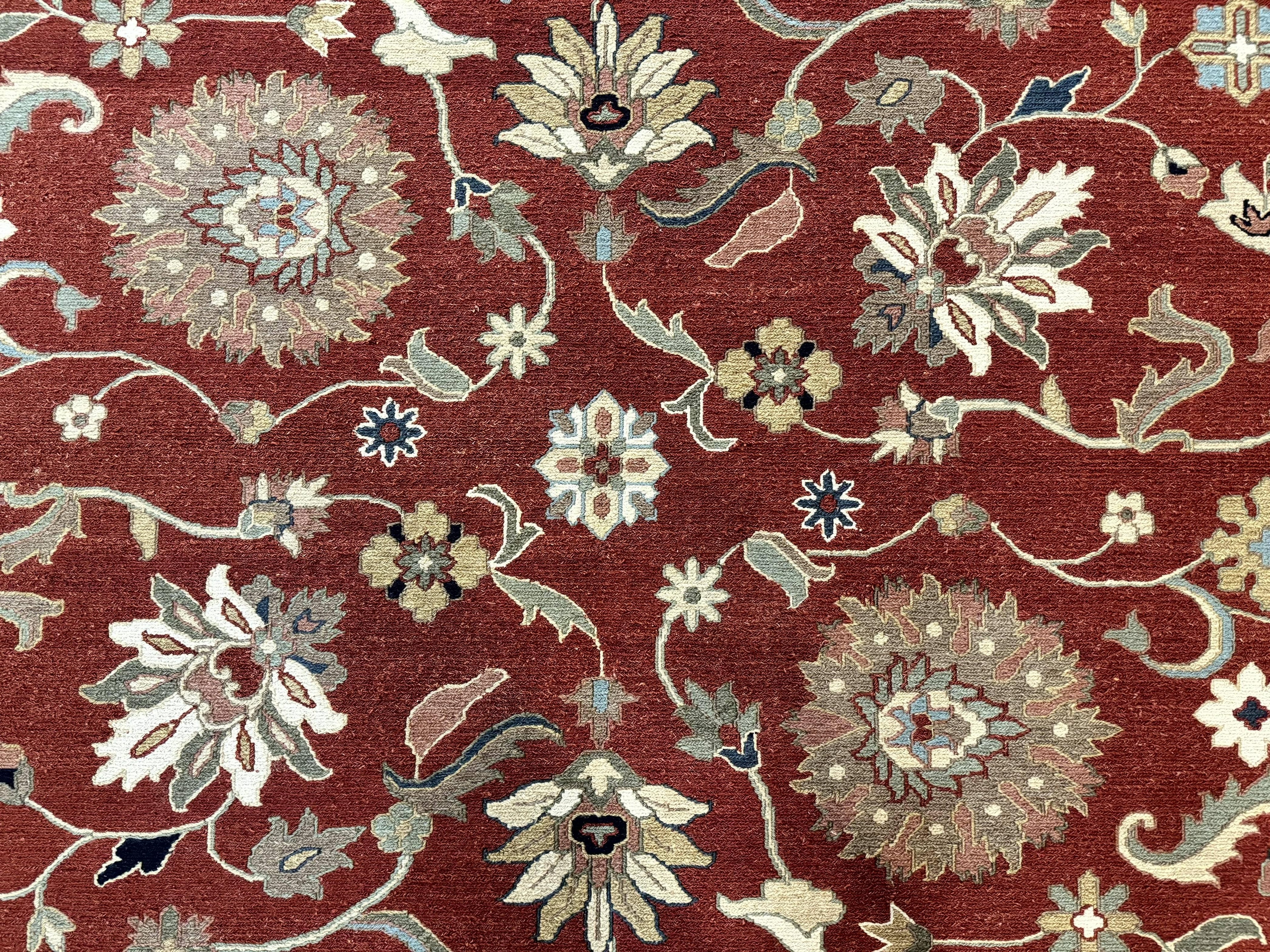 Indian Mahal Rug 8x10, Room Sized Wool Handmade Vintage Carpet, Red and Black, Floral, Flatweave Mahal Sultanabad Rug
