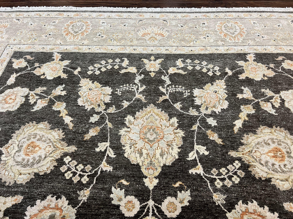 Indo Persian Rug 9x12, Sultanabad Indian Carpet, Dark Brown, Hand Knotted Vintage Wool Rug