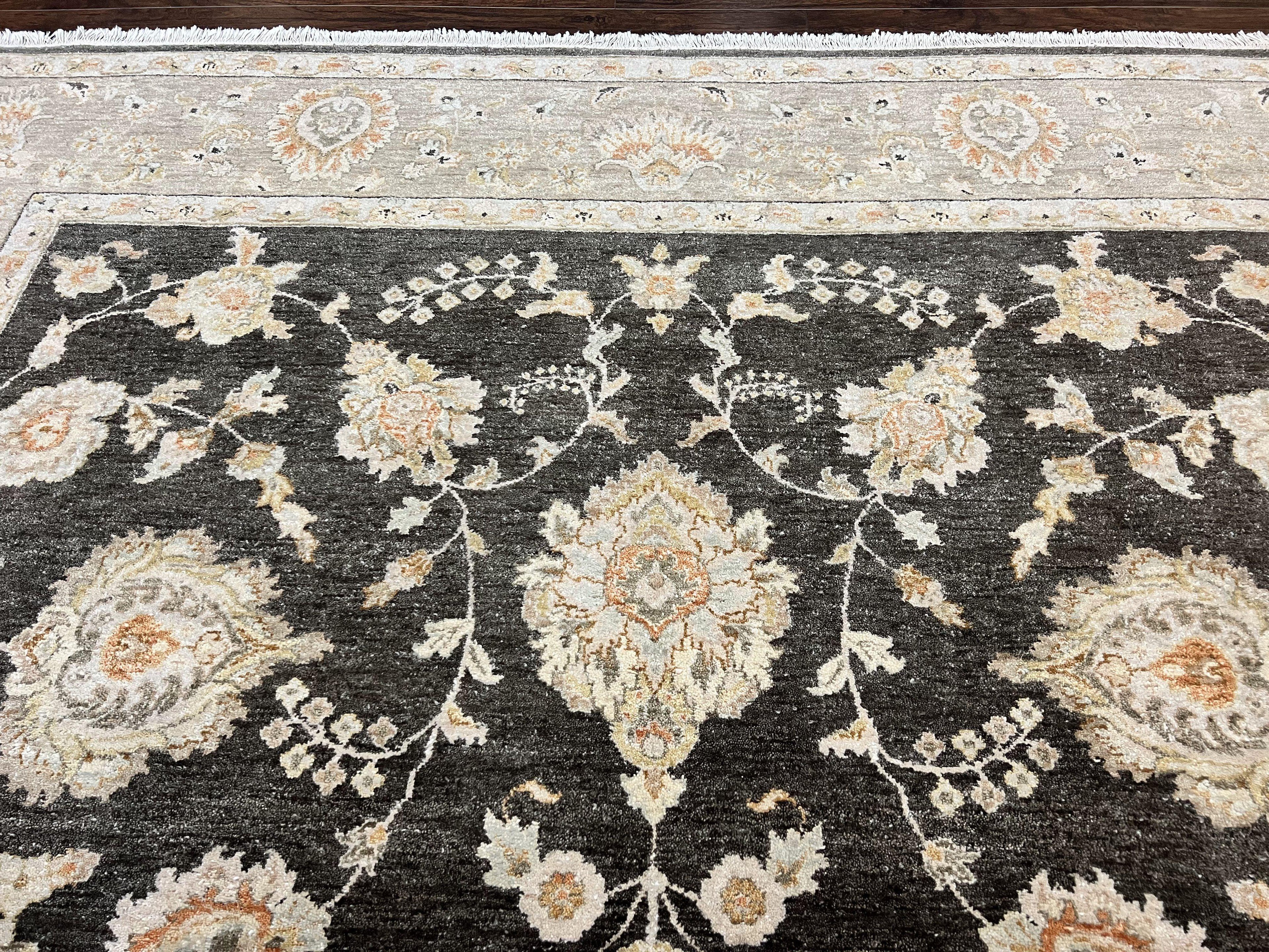 Indo Persian Rug 9x12, Sultanabad Indian Carpet, Dark Brown, Hand Knotted Vintage Wool Rug