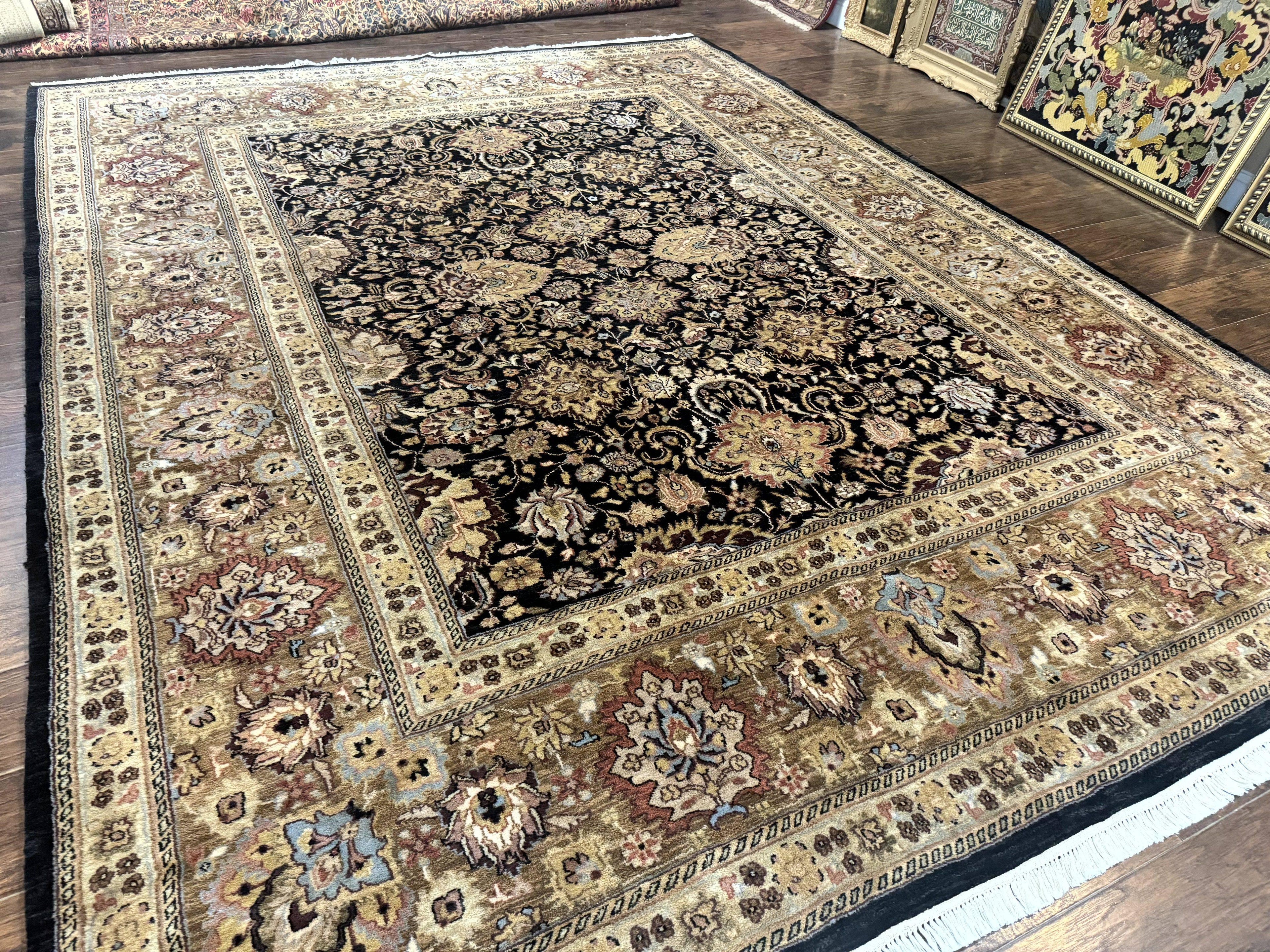 Indo Persian Rug 9x12, Floral Allover, Midnight Blue, Handmade Vintage Wool Oriental Carpet