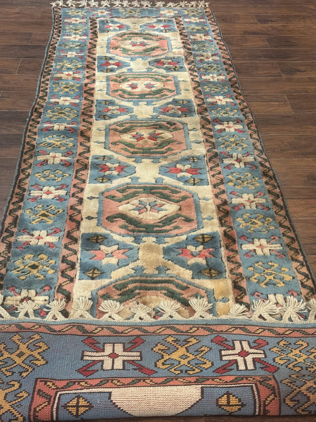 Turkish Kazak Runner Rug 3x11, Cream and Light Blue, Vintage