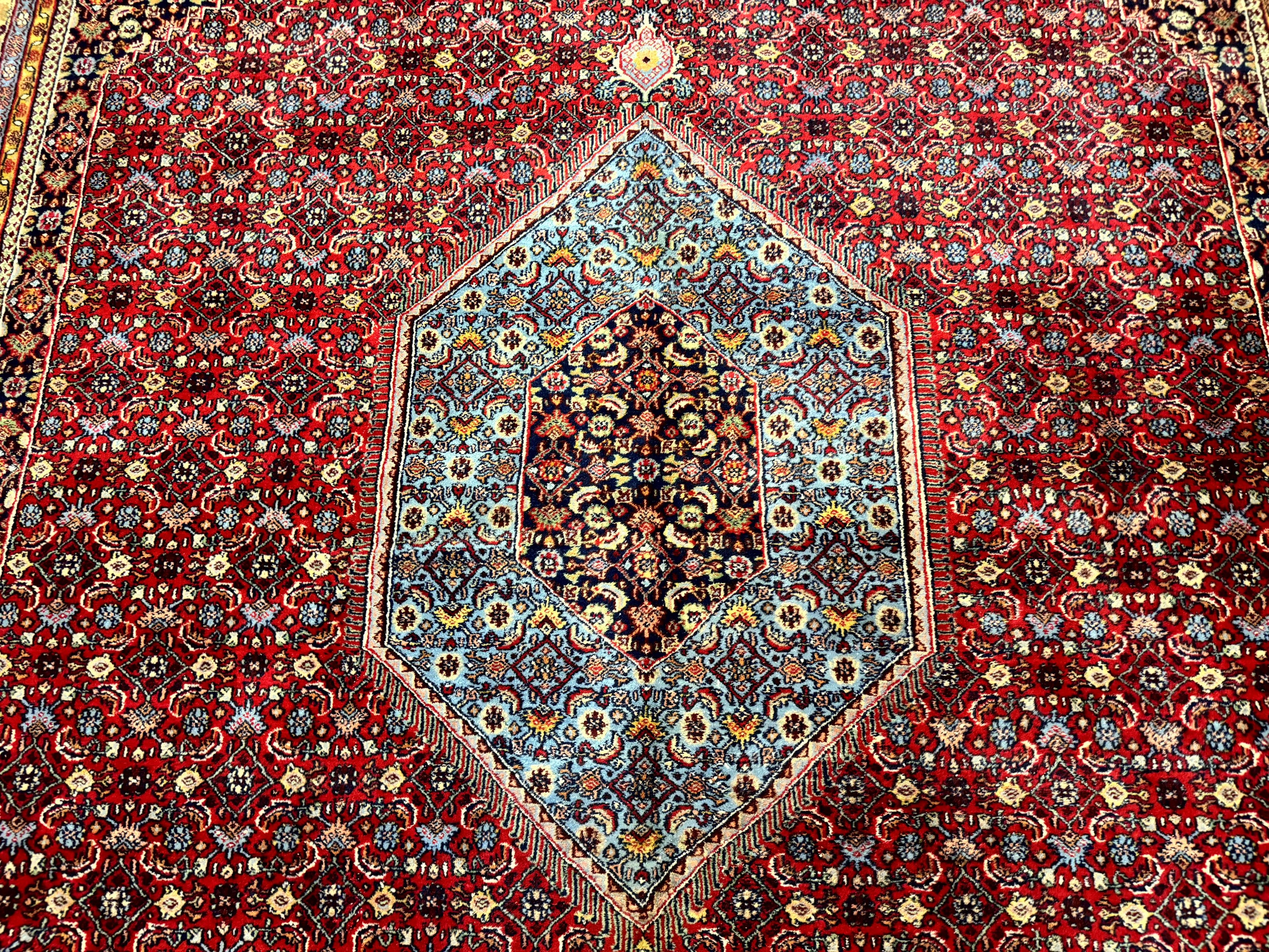 Indo Persian Bidjar Rug 10x14, Red and Dark Blue, Herati Mahi Pattern, Vintage