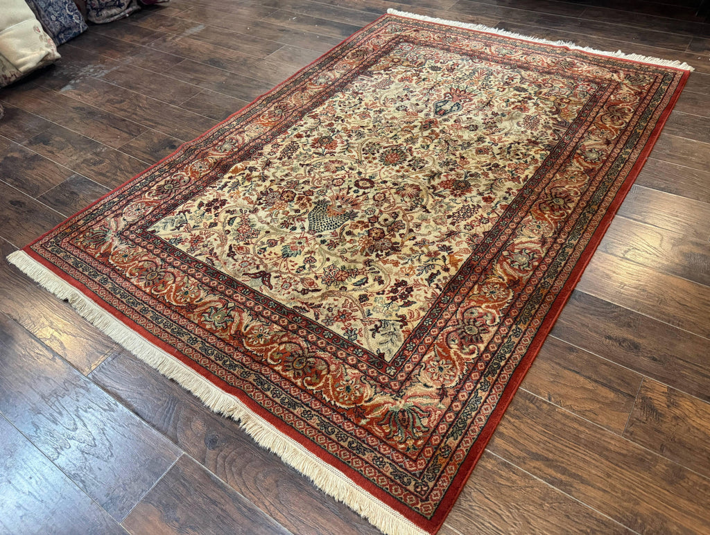Antique Persian Rug 5x7, Allover Floral with Vases, Beige and Red, Belgian Power Loomed Rug, Vintage