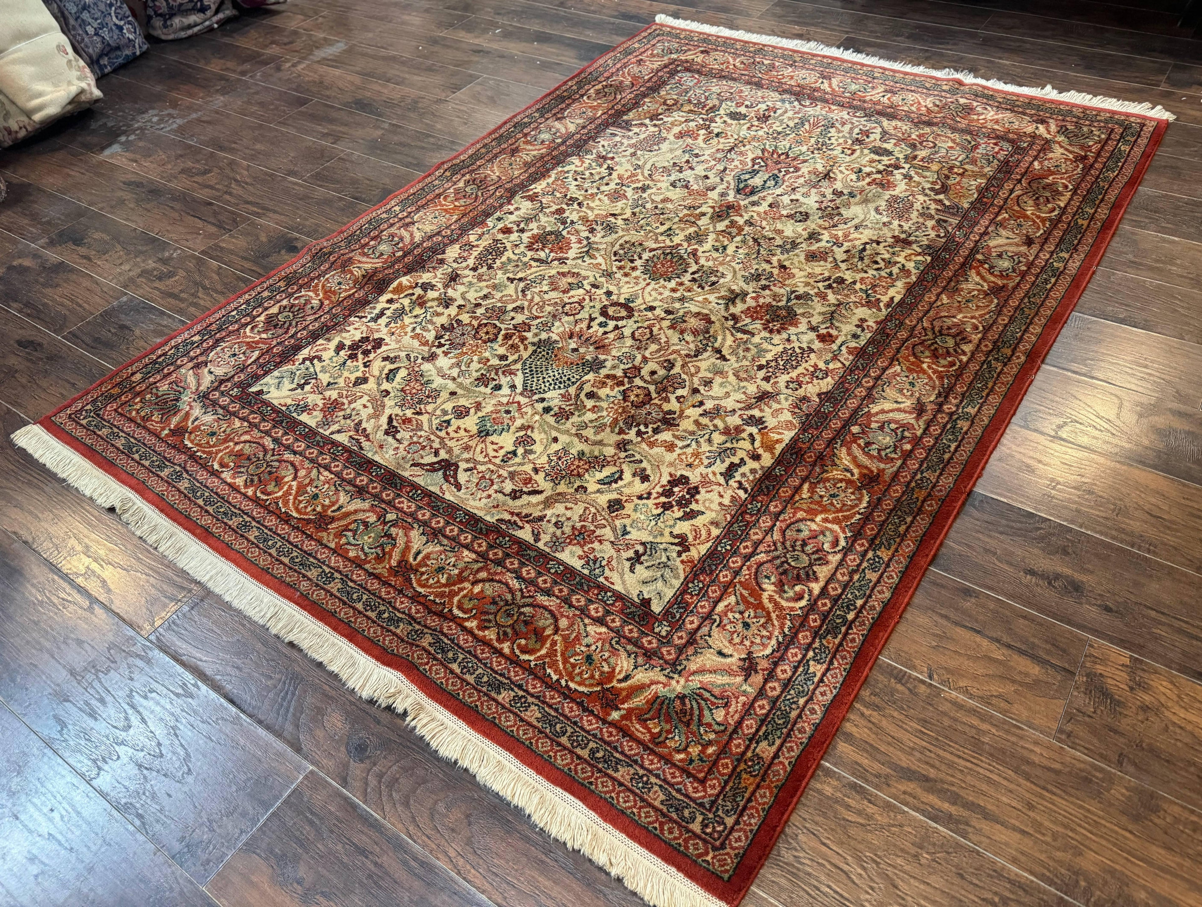 Antique Persian Rug 5x7, Allover Floral with Vases, Beige and Red, Belgian Power Loomed Rug, Vintage