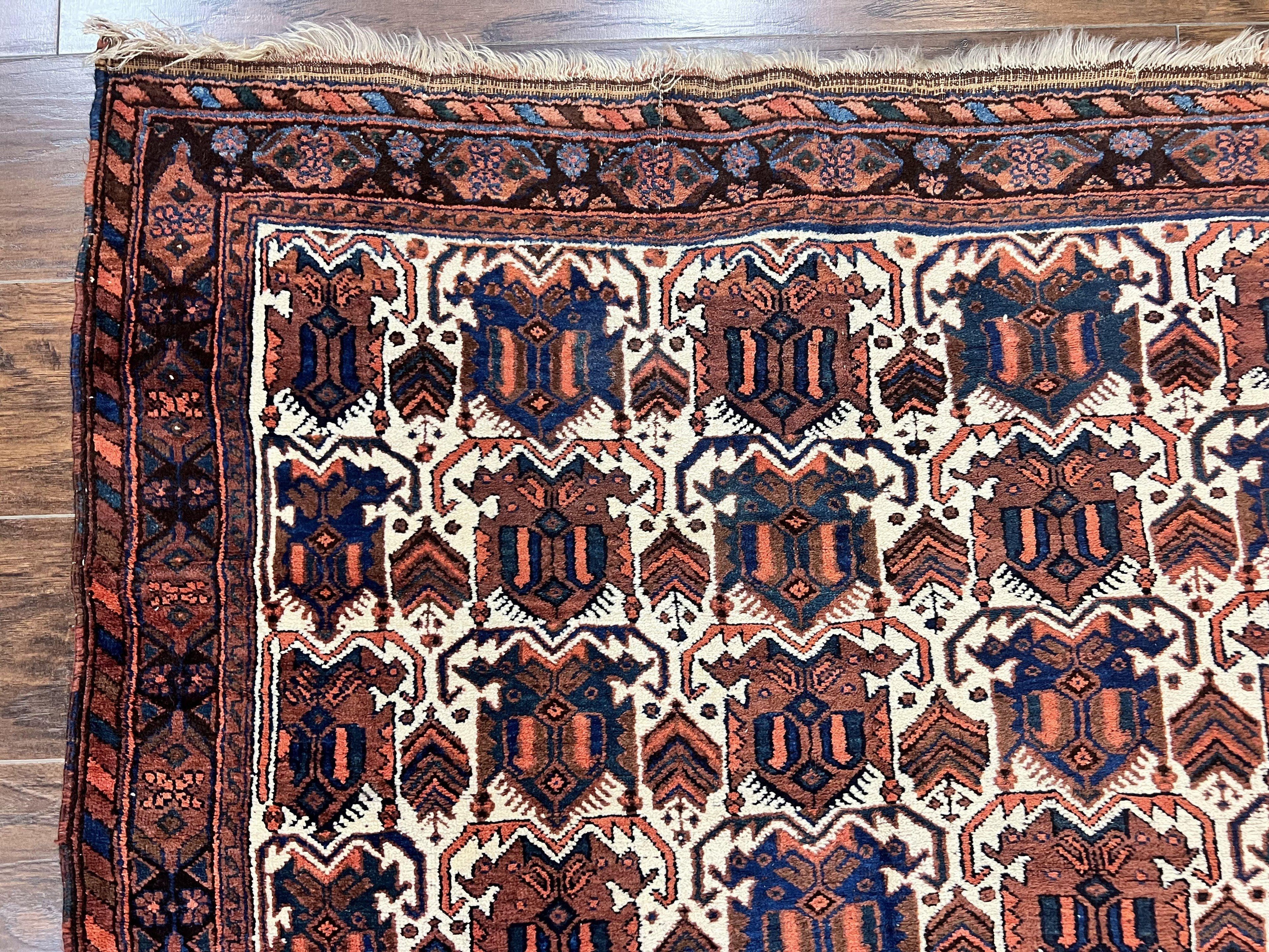 Persian Afshar Rug 4x5, Repeated Motif, Ivory & Burgundy, Wool Tribal Oriental Carpet, Handmade Vintage Semi Antique Medium Sized Rug