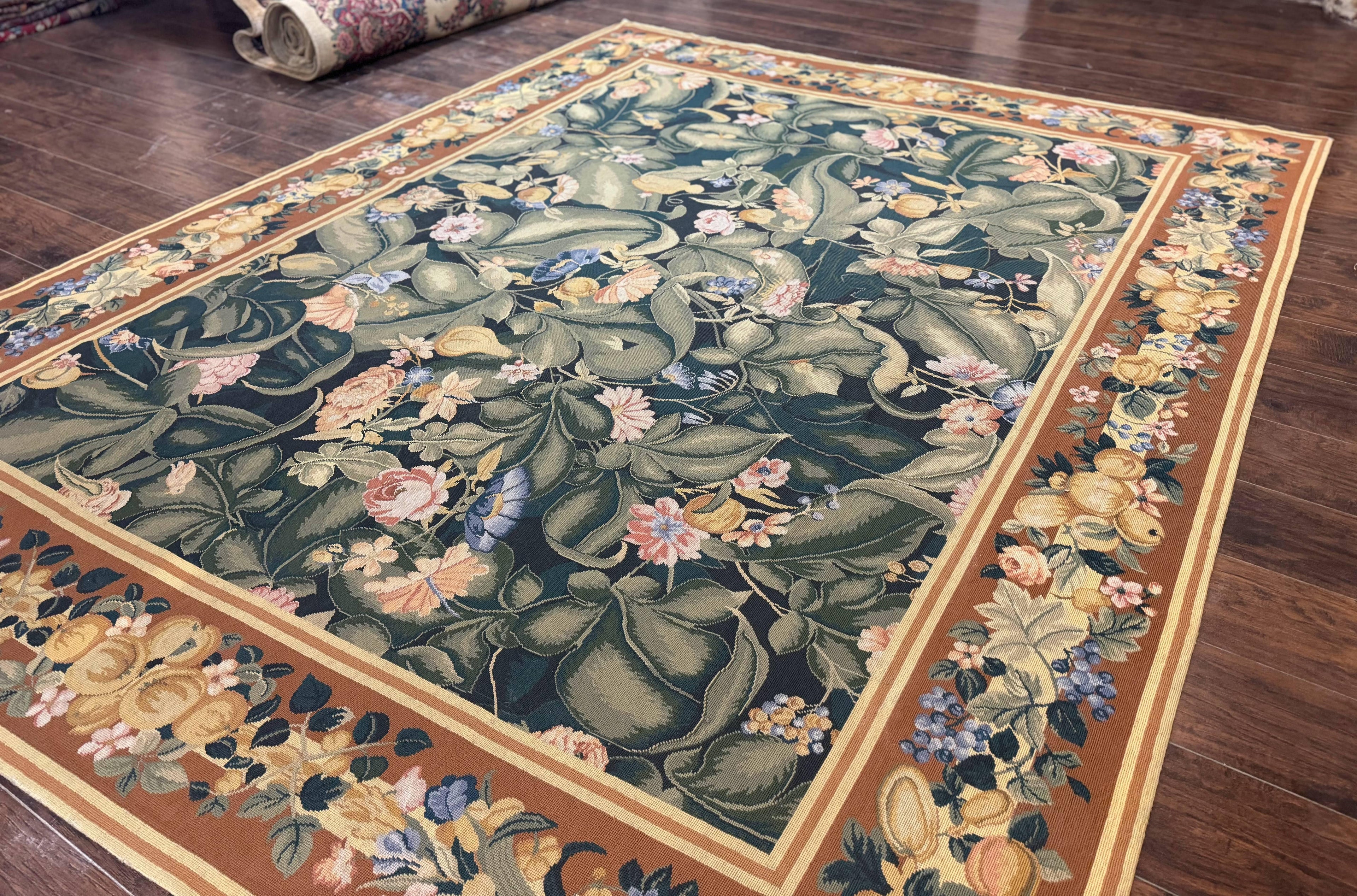 Needlepoint Rug 8x10, Vintage, Handmade, Wool, Green, Leaves & Fruits