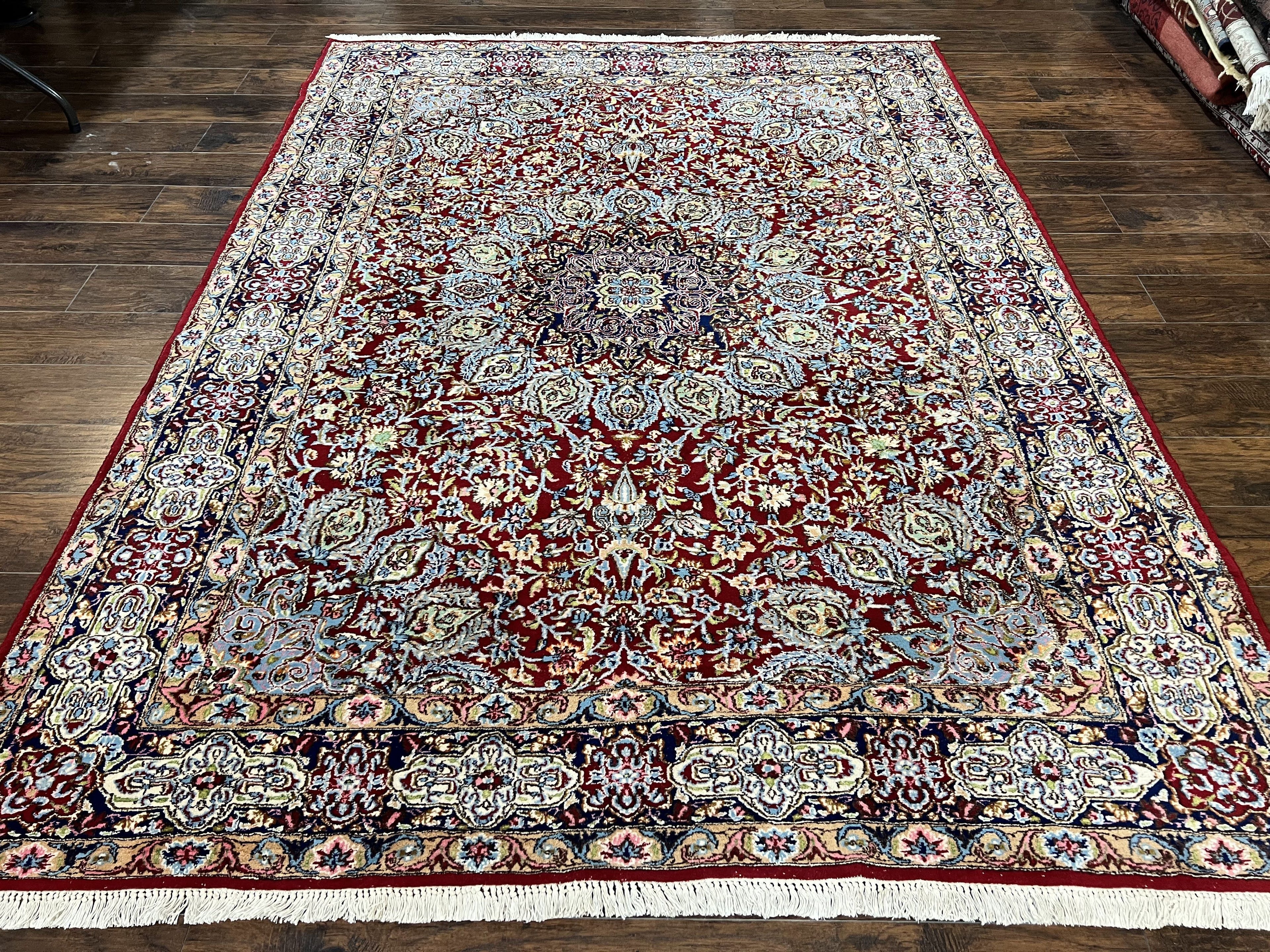 Persian Kirman Rug 7x10, Hand Knotted Wool Floral Medallion Carpet, Dark Red