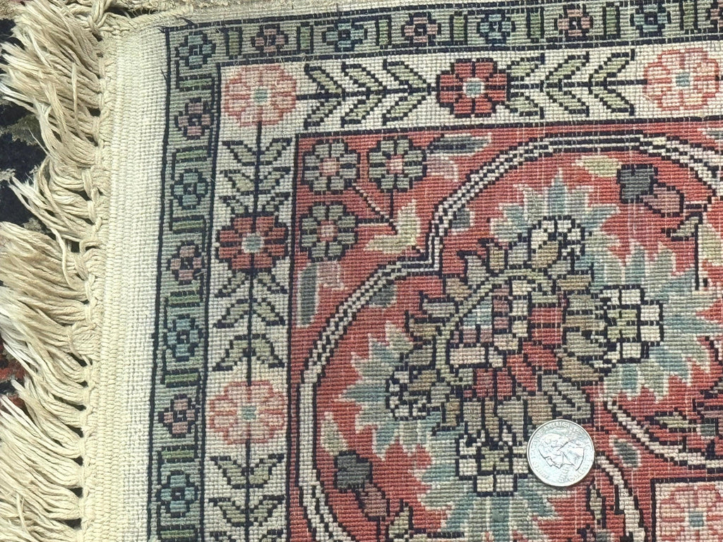 Silk Indian Kashmiri Rug 4x6, Tree of Life Pattern, Birds, Fine 290 KPSI, Navy Blue and Red, Handmade Oriental Carpet