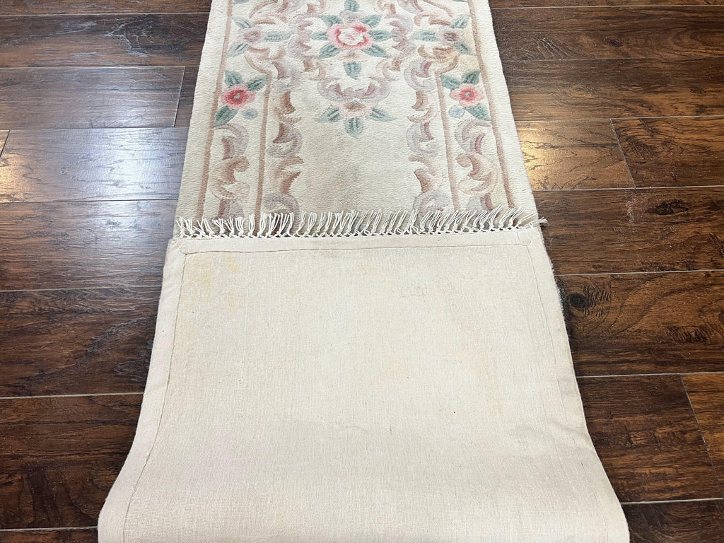 Chinese Aubusson Runner Rug 2.4 x 11, Hand Tufted Beige Floral European Design Hallway Rug, Elegant Rug, Vintage Wool Rug 11ft Long