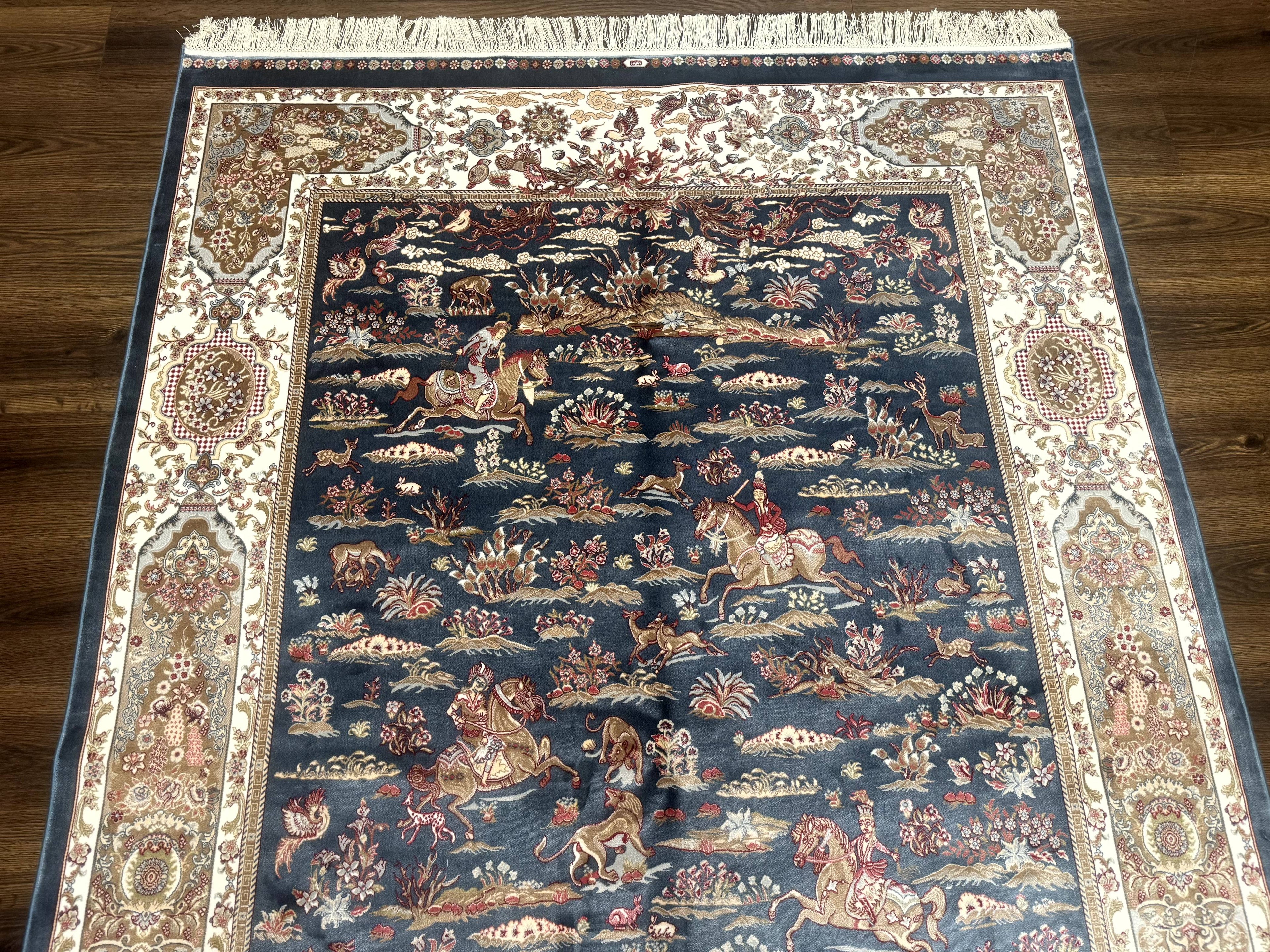 Turkish Silk Rug 5x8, Hunting Design, Animal Pictorials, Steel Blue & Ivory, Bamboo Silk