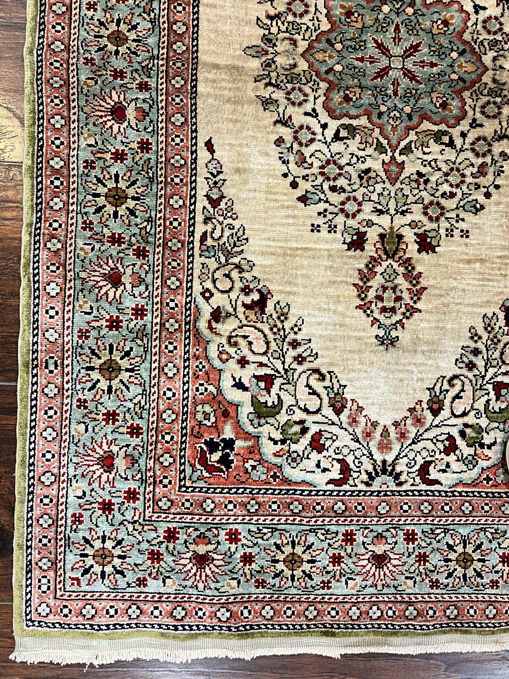 Silk Turkish Kayseri Rug 2x3, Very Finely Hand Knotted, Semi Open Field, Vintage, Silk Pile on Silk Foundation, 300 KPSI