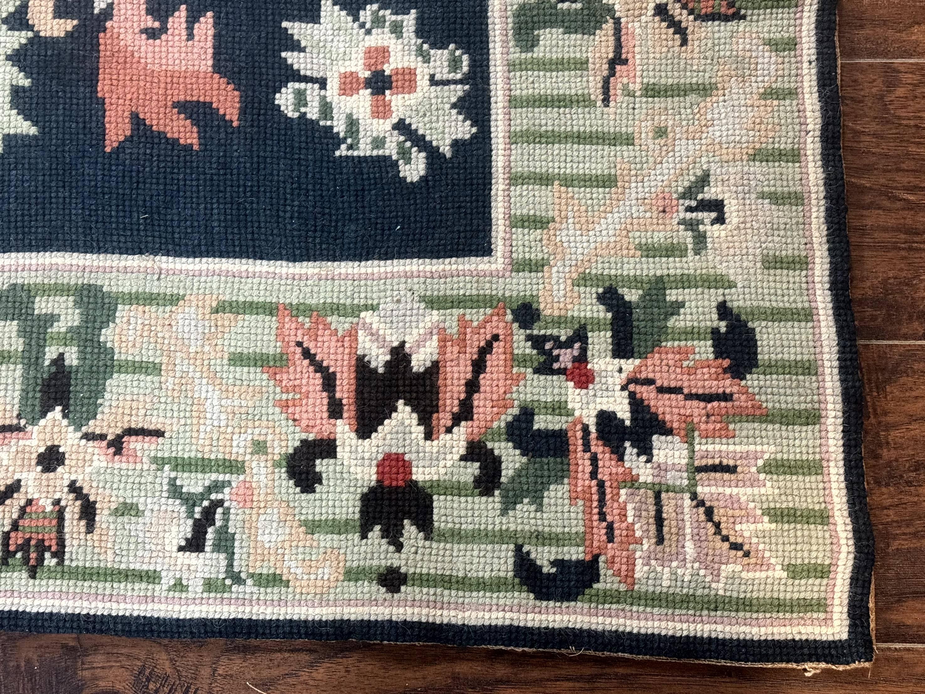 Vintage American Needlepoint Rug 4x6, Dark Green, Wool, Handmade, Flatweave Carpet