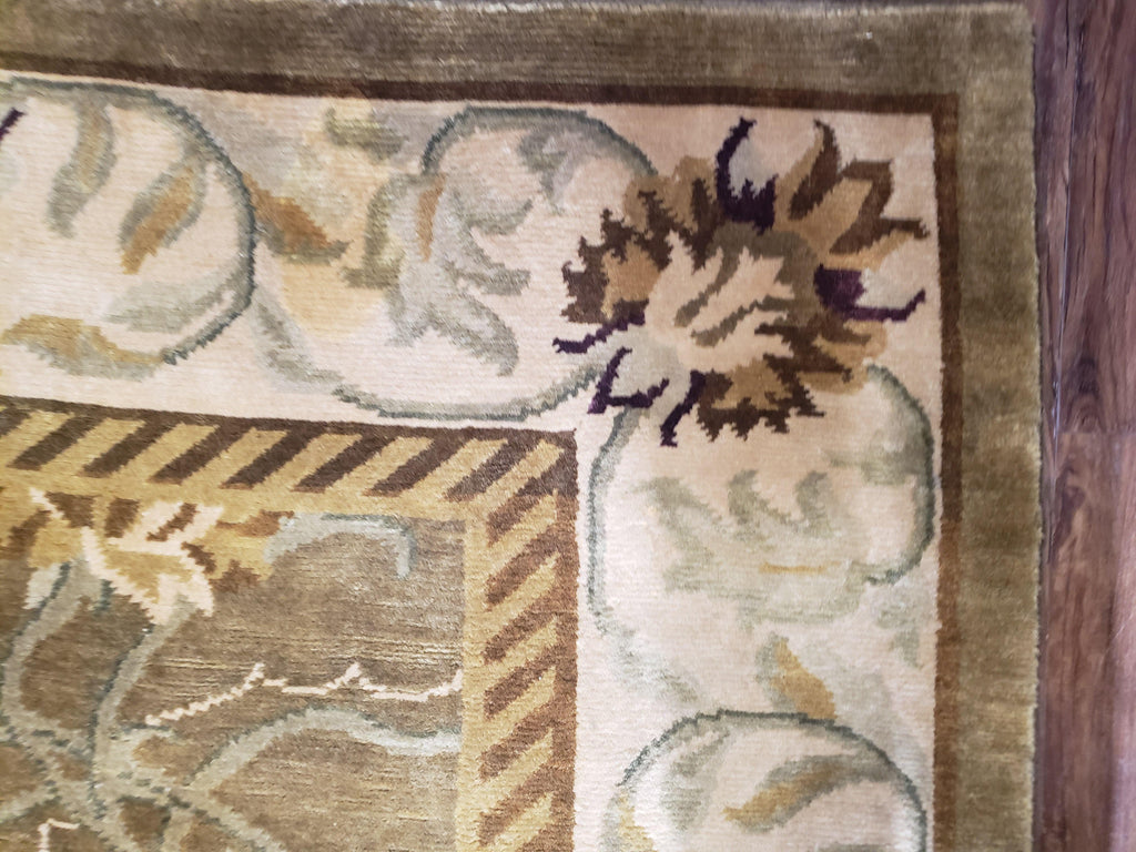8x10 Tibetan Rug, Green & Beige Floral Rug, Large Handmade Wool Rug