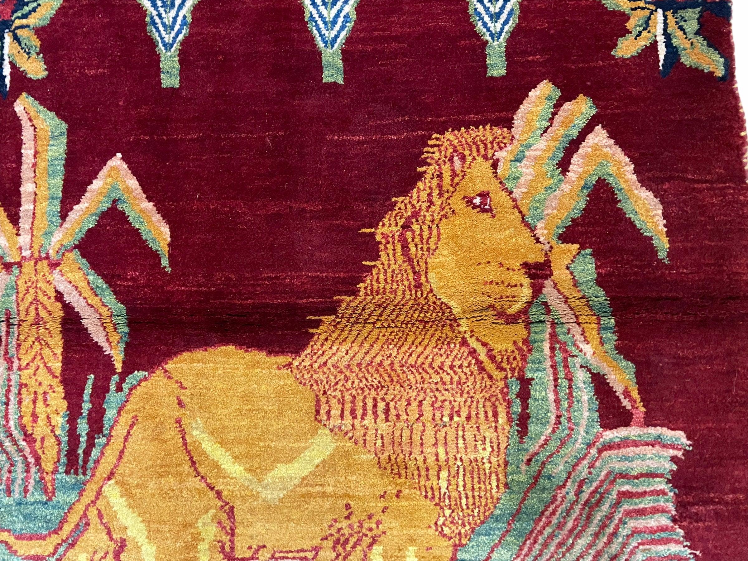 3 X 5 Handmade Rug New Vintage Rug Quality Wool Pictorial Lion Jungle Veg Dyes