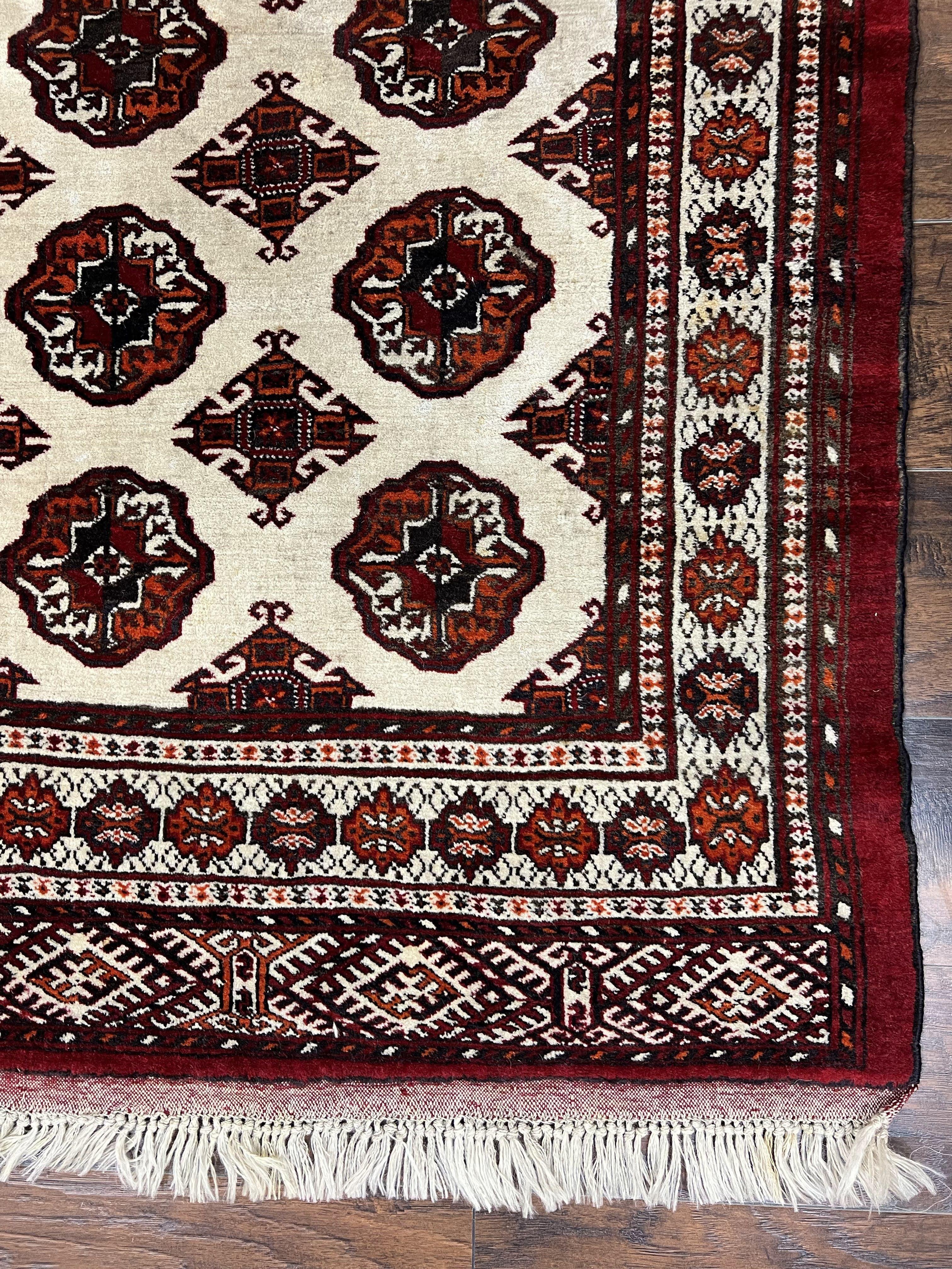 Persian Turkoman Rug 7x8, Almost Square Rare, Hand Knotted, Yamud, Bohemian Rug, Handmade Tribal Rug, Cream Red, Handmade Oriental Carpet
