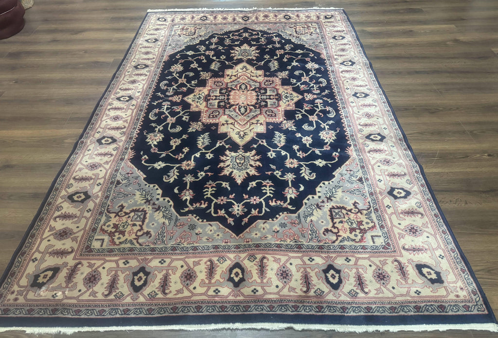 Karastan Rug Navy Serapi, Kara Shah Rug, Navy Blue, 5.6 x 8.6, Vintage Karastan Area Rug, Wool Pile Karastan Rug