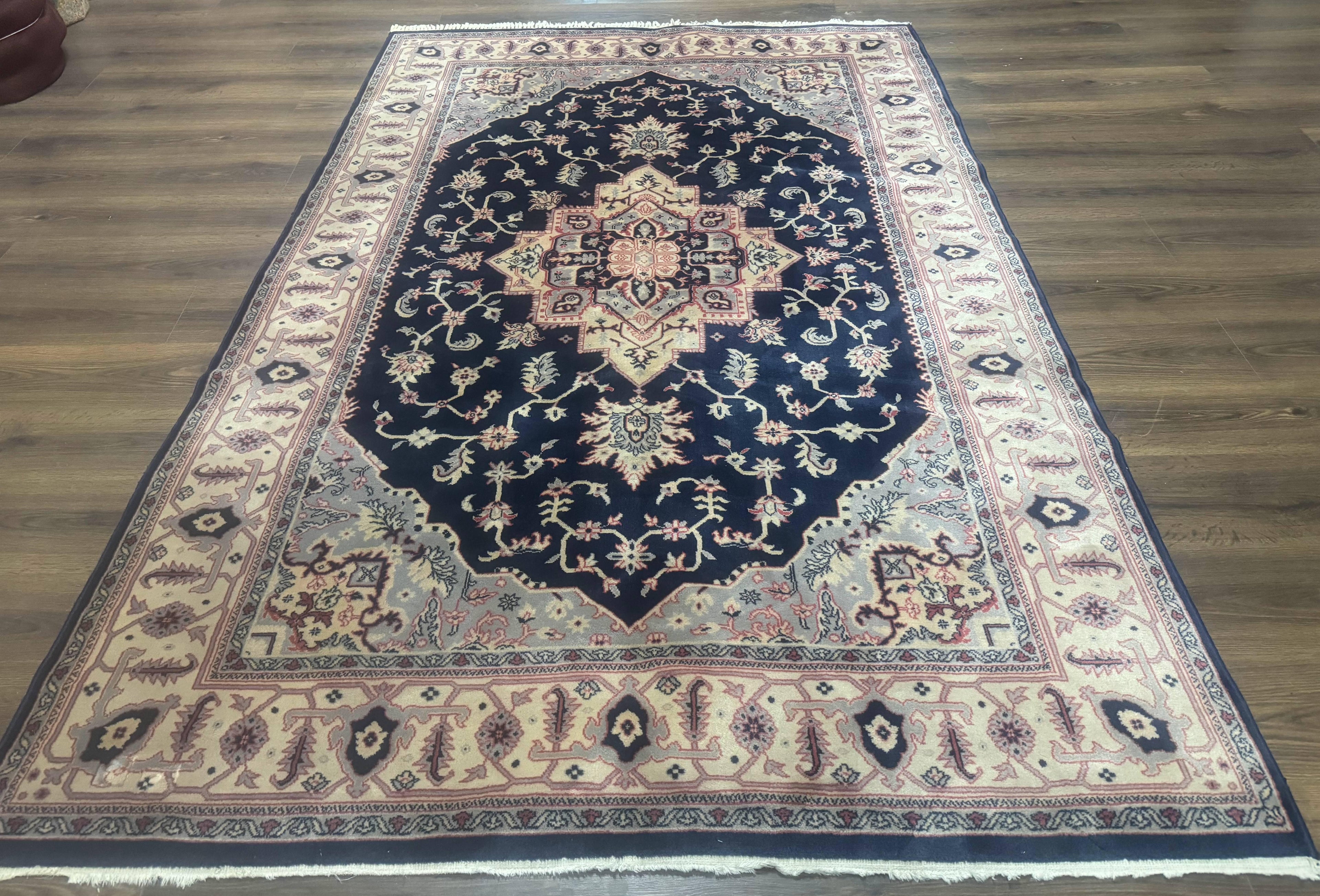 Karastan Rug Navy Serapi, Kara Shah Rug, Navy Blue, 5.6 x 8.6, Vintage Karastan Area Rug, Wool Pile Karastan Rug