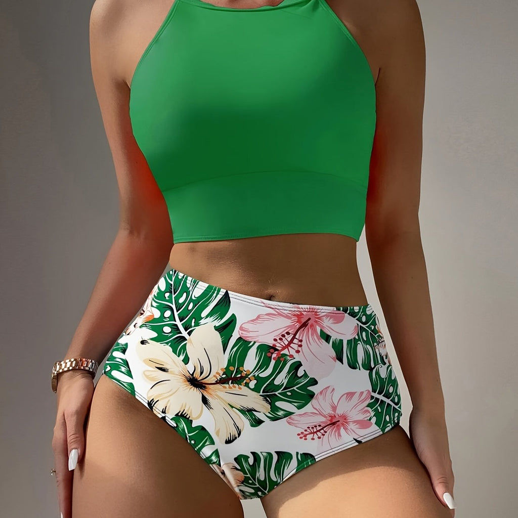 Island Bloom High Waist Bikini Set for Summer – Colorblock Tropical Print Two-Piece Swimsuit with Round Neckline Ultra-Stretch Fit & Applique Detail – Stylish and Comfortable Women’s Swimwear for Pool Beach & Summer Escapes