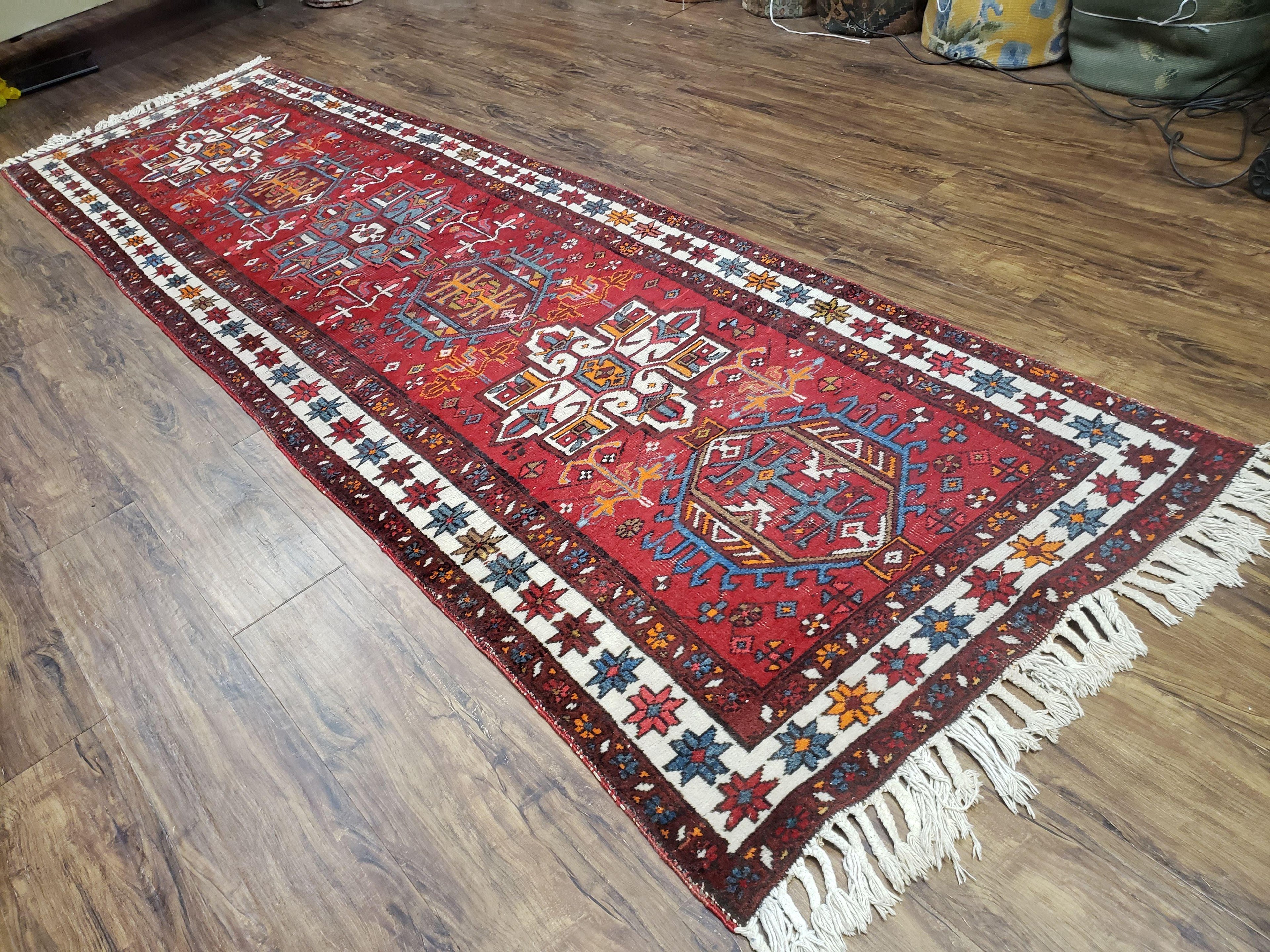 Antique Persian Heriz Karajeh Runner Rug 3x11, Hand-Knotted Red Geometric Medallions