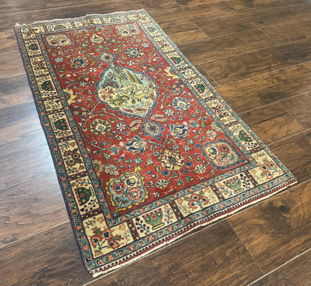 Small Persian Tabriz Rug 2.8 x 4.7, Red, Animal Pictorials, Semi Antique Vintage