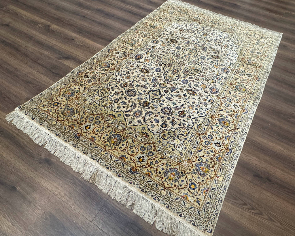 Rare Silk Persian Kashan Rug 4.6 x 7, Antique Fine 310 KPSI, Ivory