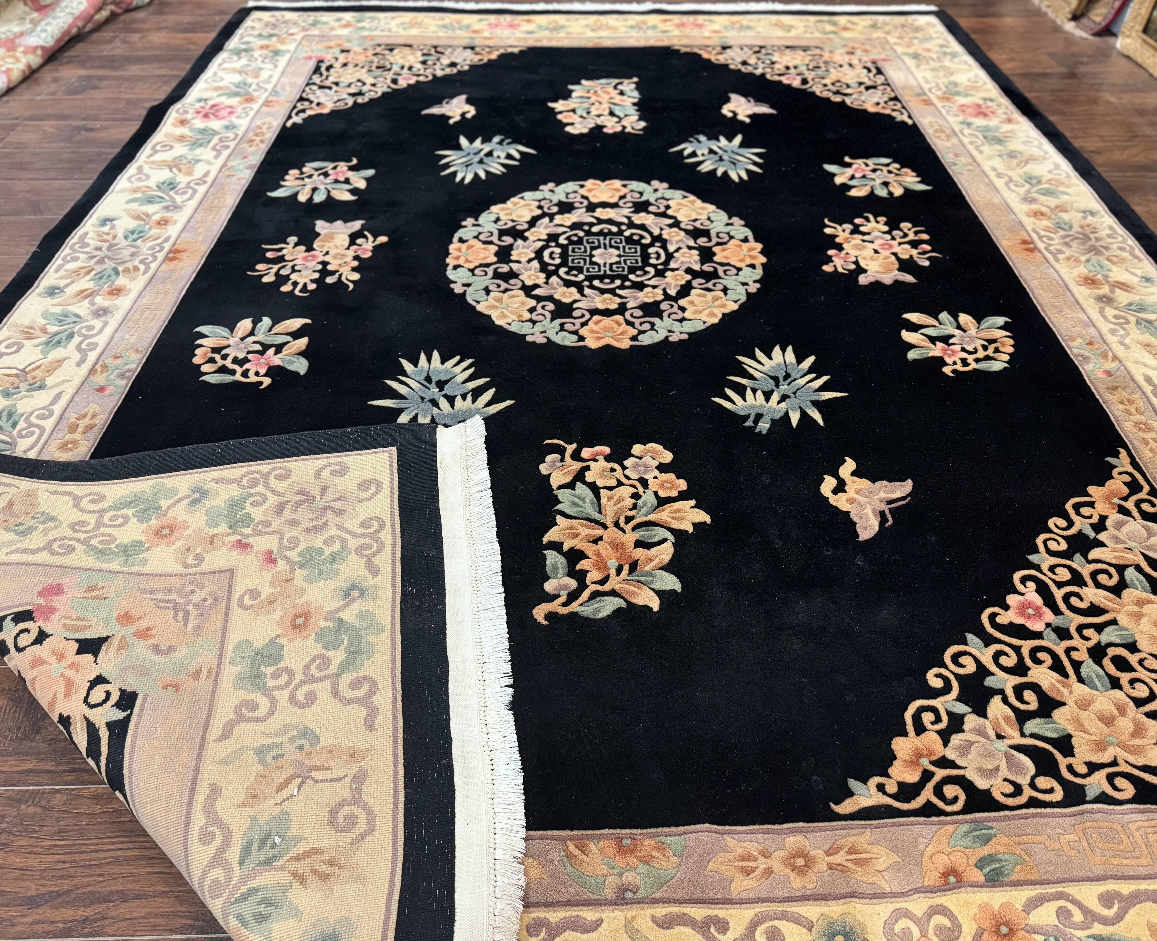 Chinese Wool Rug 9x12, Chinese Carving Carpet, Floral Medallion, Black and Beige, Butterflies, Vintage Asian Oriental Rug, 90 Line Rug