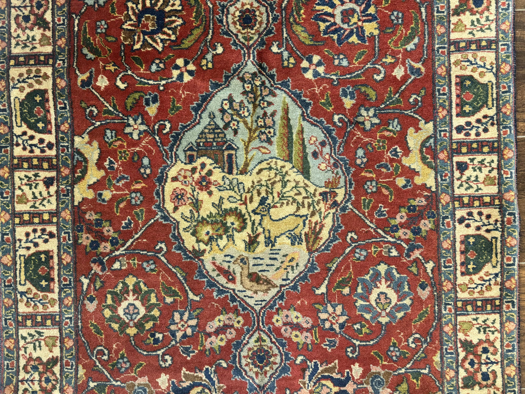 Small Persian Tabriz Rug 2.8 x 4.7, Red, Animal Pictorials, Semi Antique Vintage