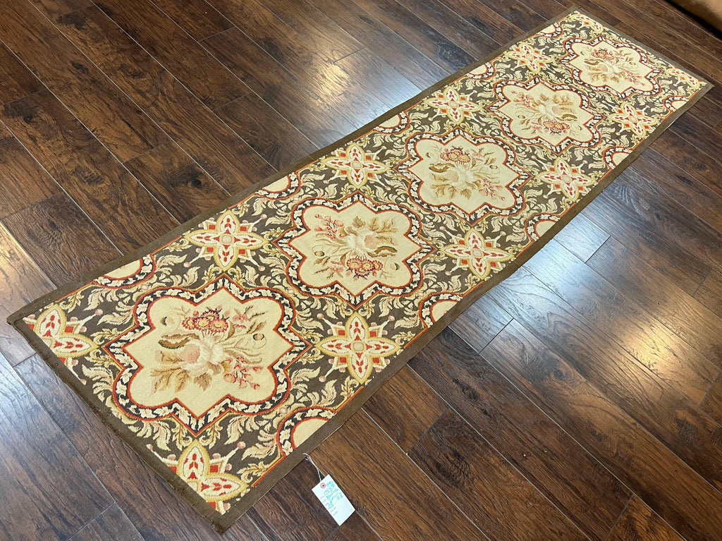 Needlepoint Runner Rug 2.8 x 9.8, Brown and Beige, Handwoven Handmade Floral French European Design, Vintage Flatweave 10ft Wool Runner Rug