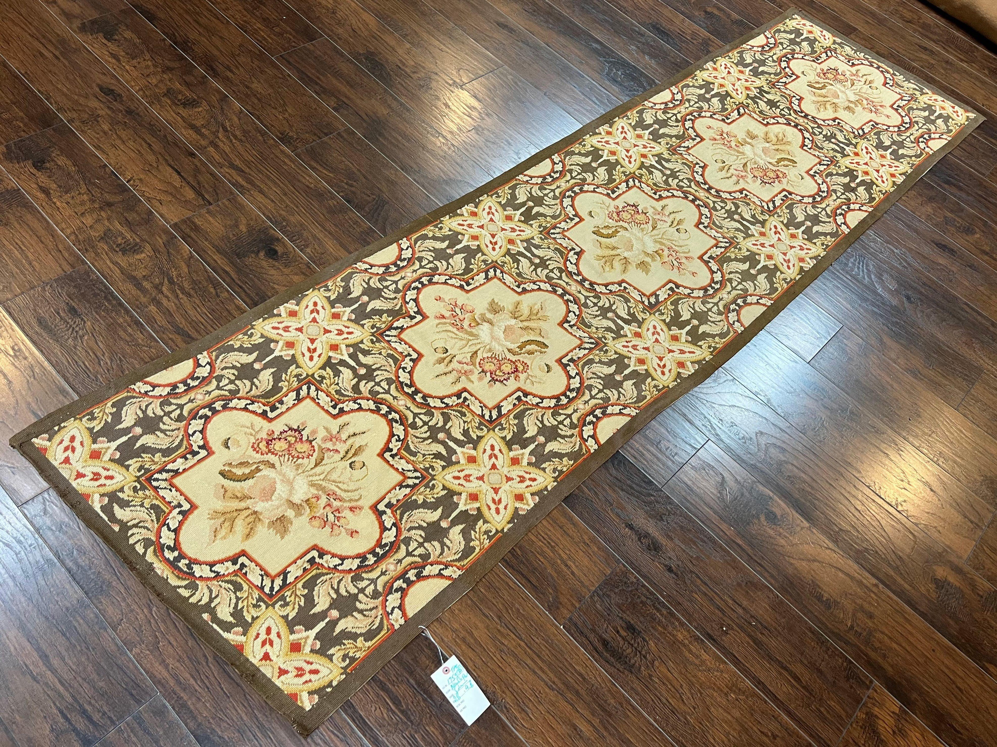 Needlepoint Runner Rug 2.8 x 9.8, Brown and Beige, Handwoven Handmade Floral French European Design, Vintage Flatweave 10ft Wool Runner Rug