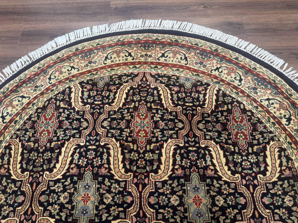 Round Indo Persian Rug 6x6, Indian Bidjar Rug, Navy Blue and Beige