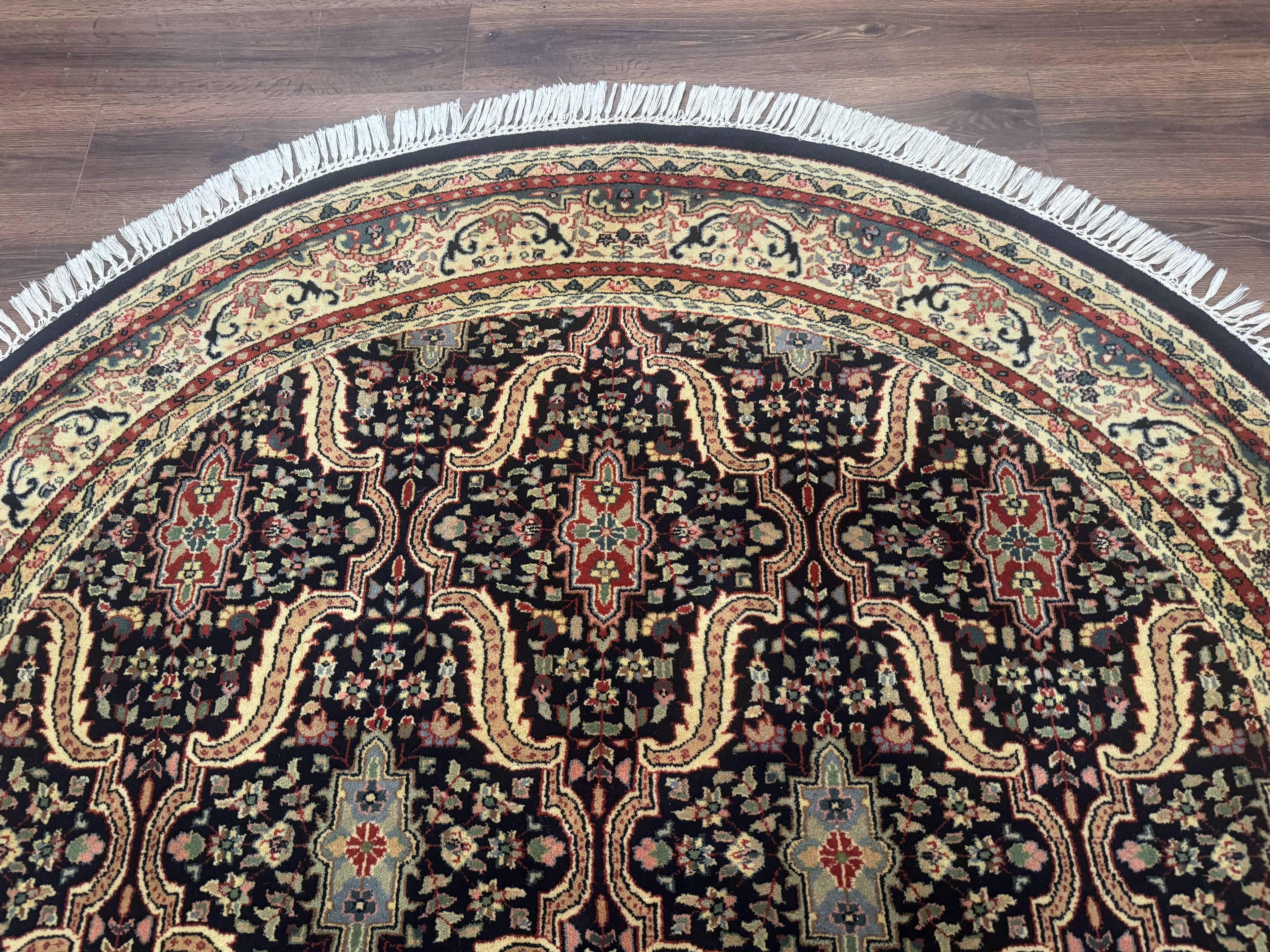Round Indo Persian Rug 6x6, Indian Bidjar Rug, Navy Blue and Beige